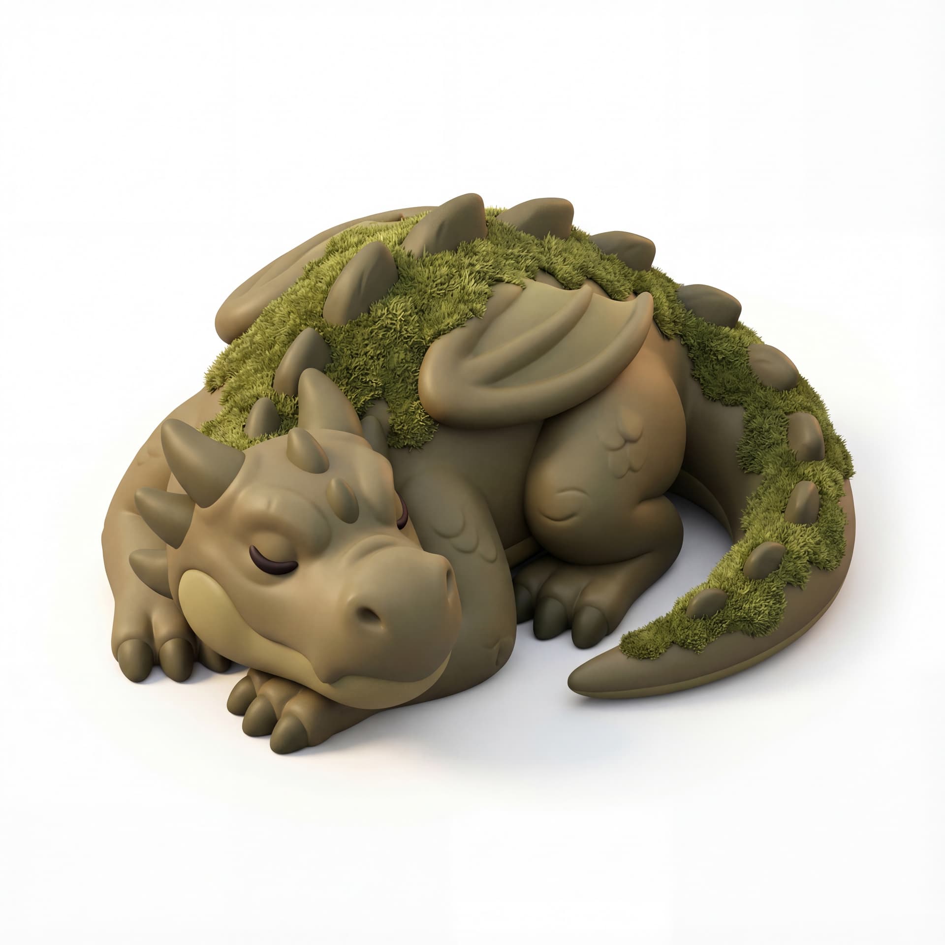 swamp dragon with moss-covered back plates, muted olive coloring, and big rounded snout resting