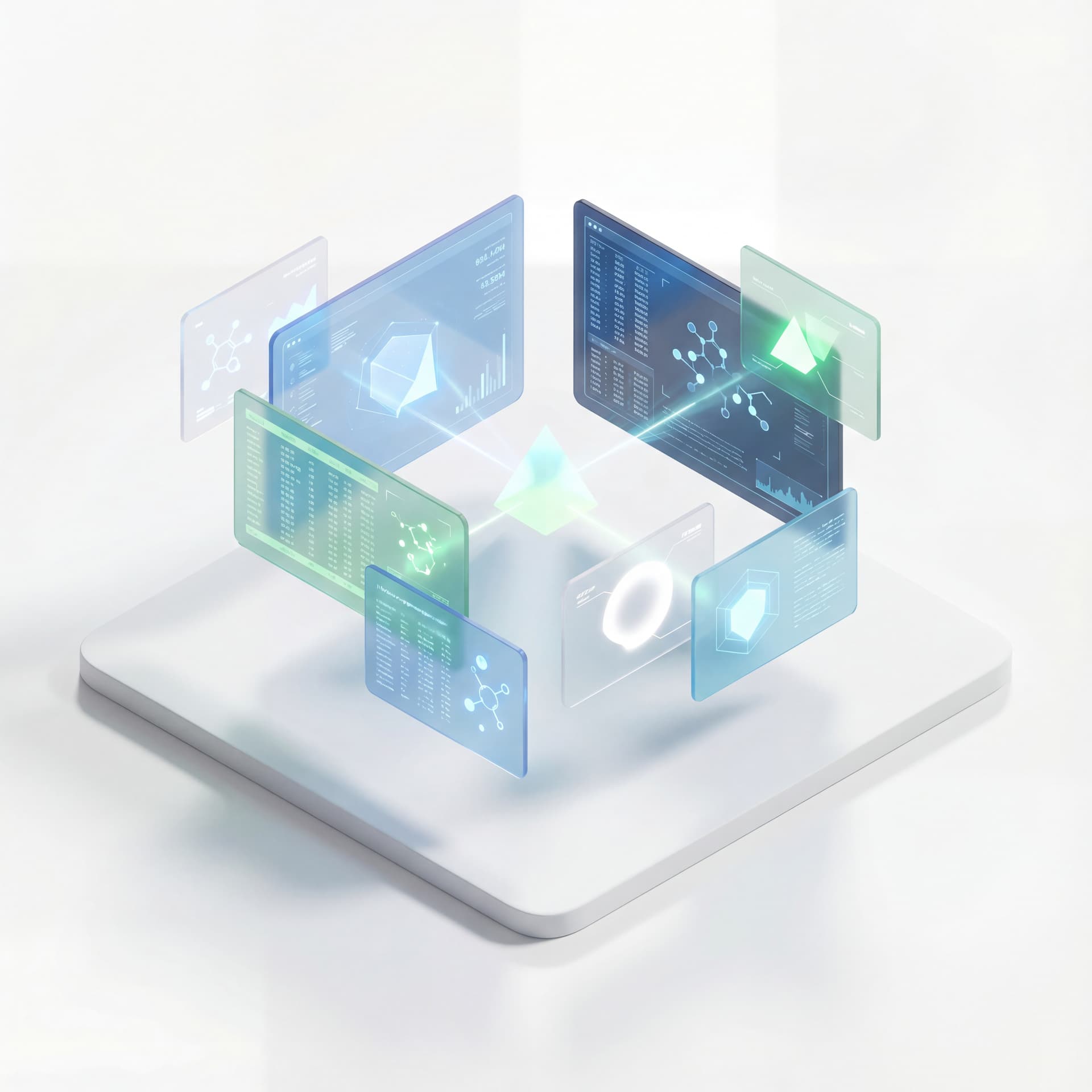 A futuristic laboratory interface represented as floating translucent panels and data shapes, abstract science and research concept, isolated on a white background.