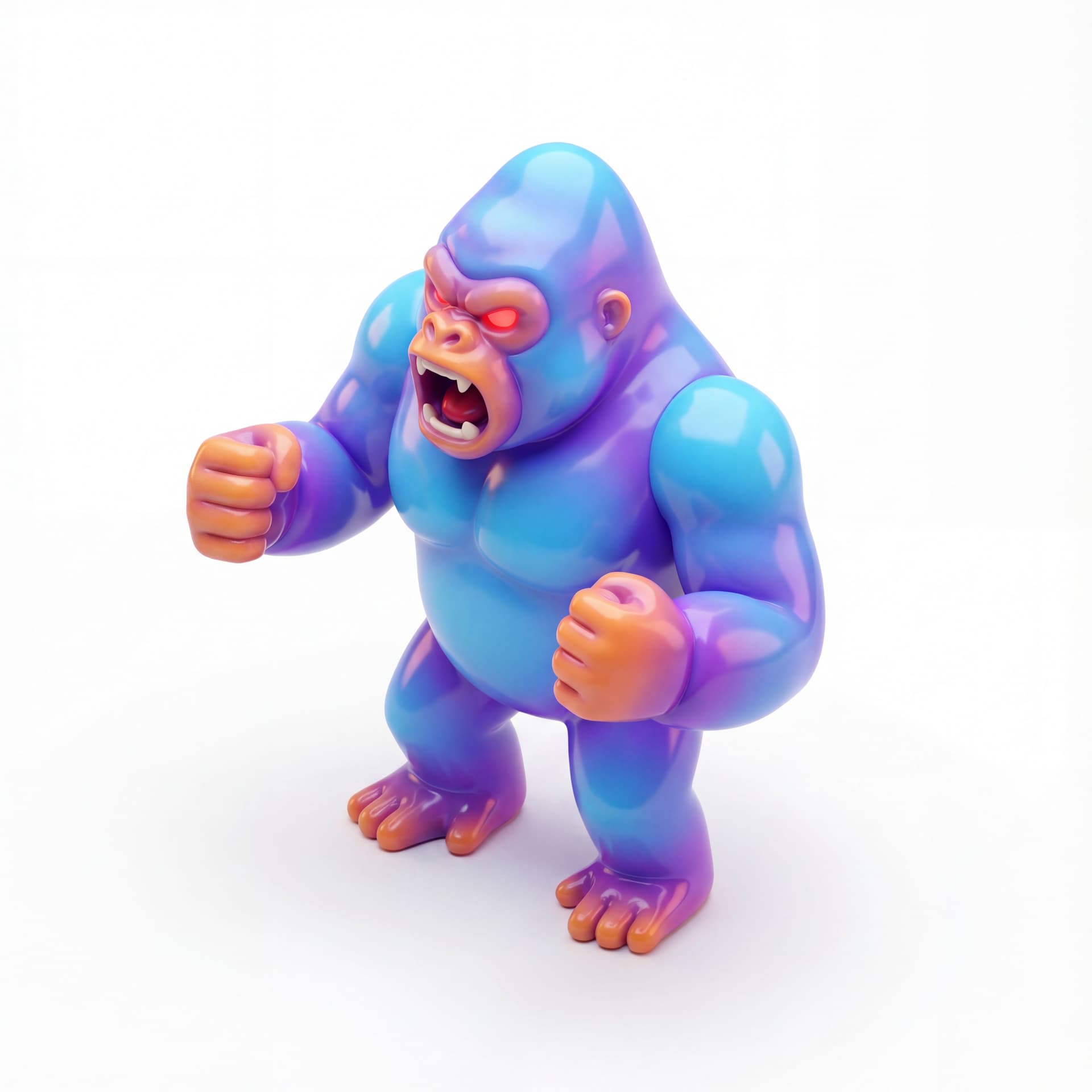 an angry gorilla fantasy monster with glossy vinyl and gradient vibrant bright color palette. standing tanpa tatakan. 