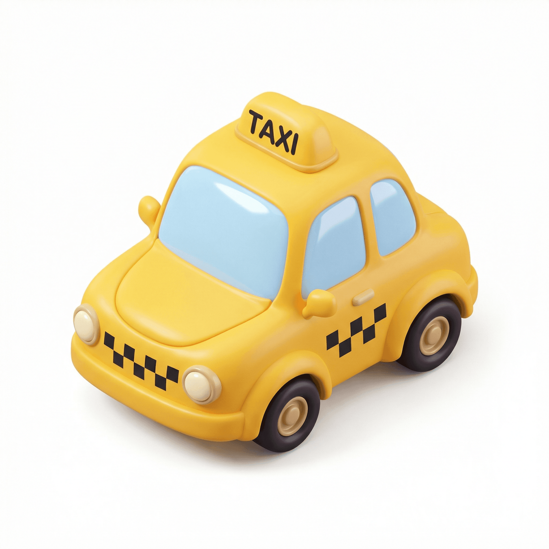 A cute 3D toy-style yellow taxi car, designed with a rounded, chubby shape and simplified proportions. The taxi has a smooth matte plastic texture, soft edges, and a minimalistic design.  The body is bright yellow with a classic black taxi checker pattern on the front. On top of the car, there is a rounded taxi sign with bold black text that reads “TAXI”. The windshield and windows are light pastel blue with a glossy finish.  The headlights are circular and slightly protruding, giving the car a friendly and adorable appearance. The wheels are small and chunky with dark rubber tires and simple rims.  Rendered in high-quality 3D with soft studio lighting, subtle shadows, and a clean white background. The overall style resembles a cute collectible toy or Pixar-inspired cartoon vehicle, with a cozy, playful, and child-friendly aesthetic. Ultra high resolution, smooth surfaces, and perfect symmetry.