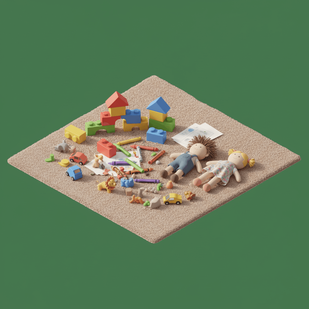 scattered toys on the living room floor building blocks crayon dolls small toys messy aesthetic natural light cozy home vibe