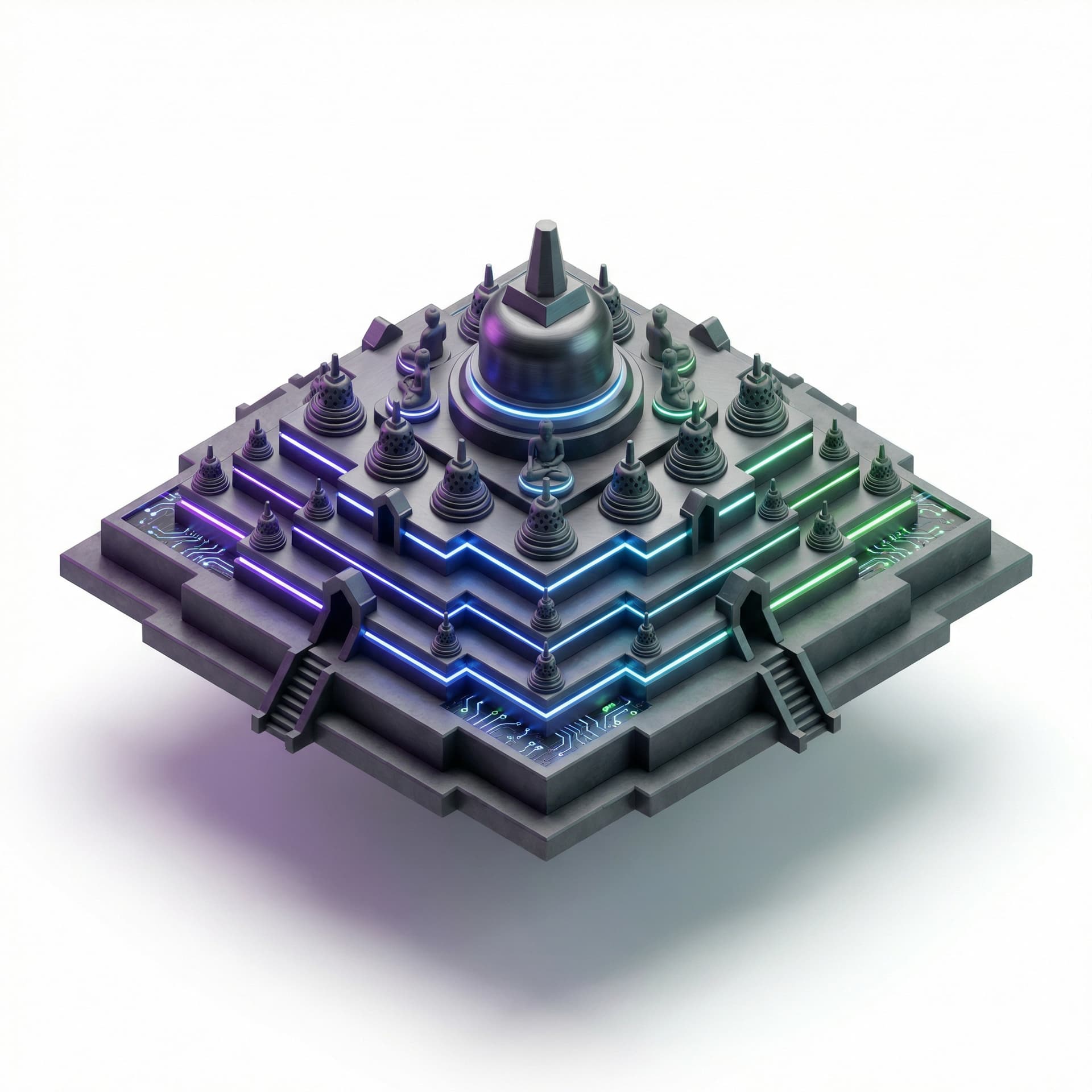 Candi borobudur, glowing neon lights, cuberpunk 3D style