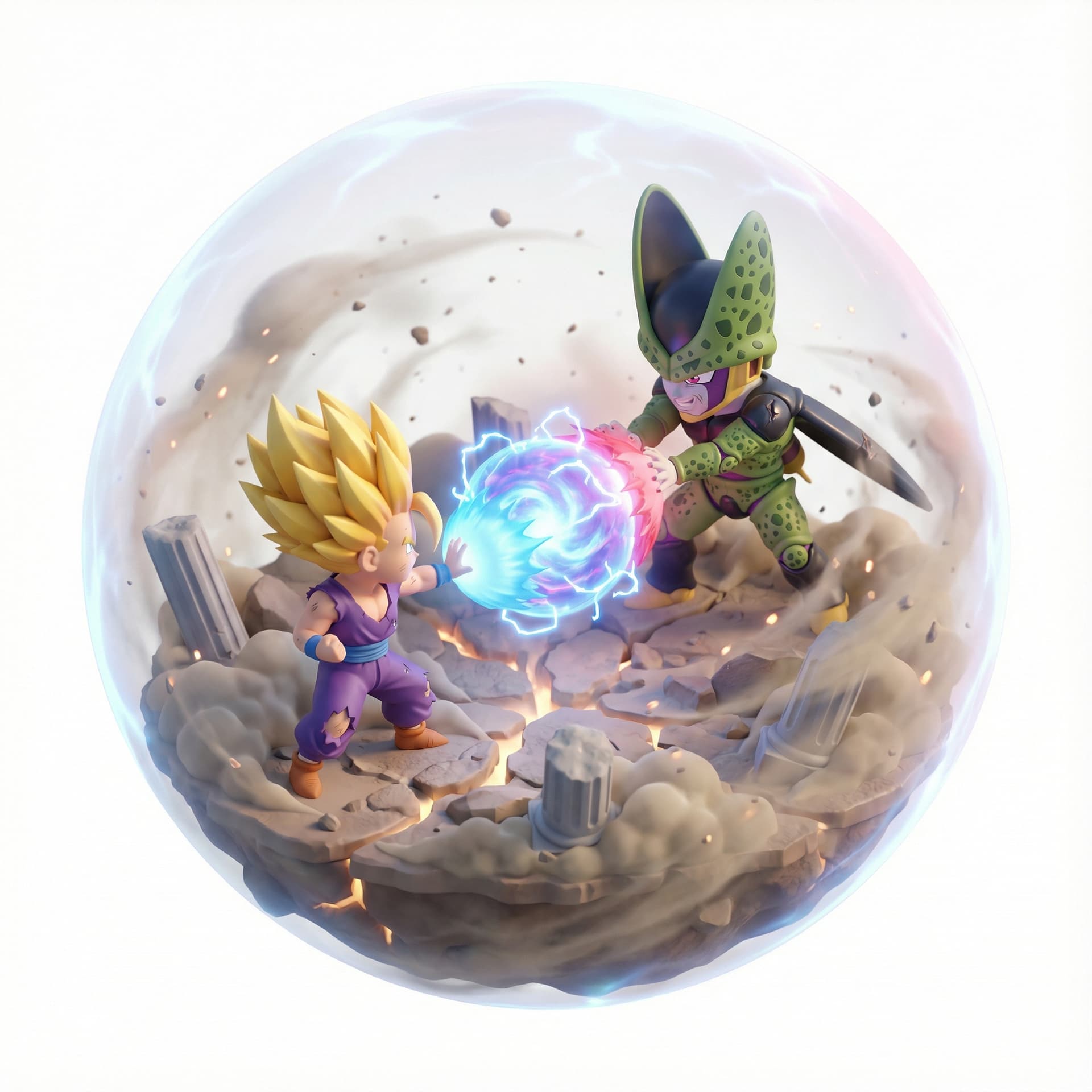 a suspended, adorable three-dimensional stylized vignette of son gohan vs cell, higlighting its legendary signature moments. Amplify the mood through environmental effects and atmospheric conditions.