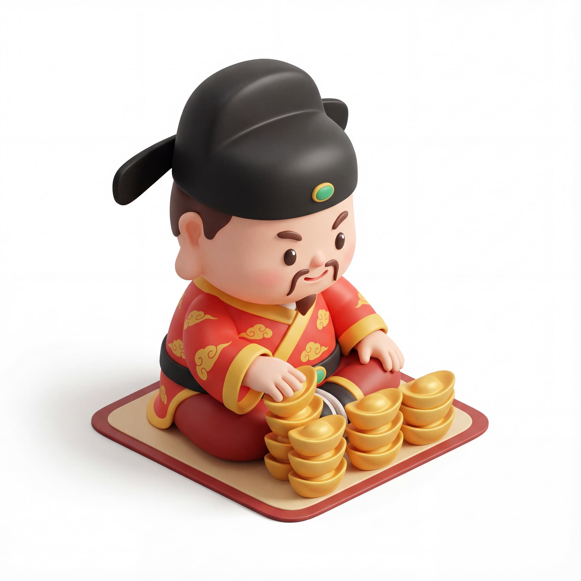 A full-body portrait of a cute God of Wealth sitting cross-legged while counting stacked ingots in front of him, playful focused expression, simplified traditional clothing, isolated on a white background.