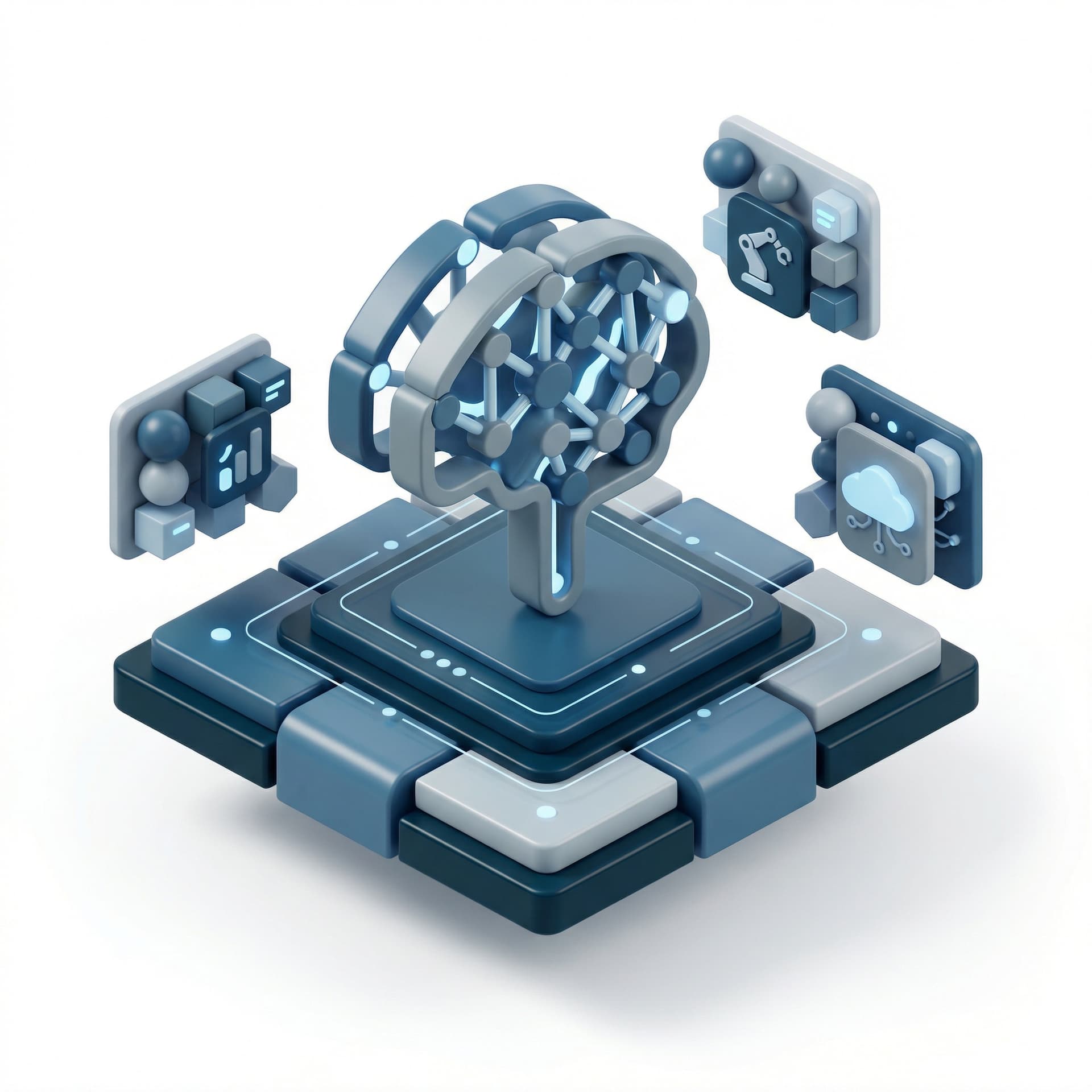 Create an isometric icon of “Al Applications & Platforms”, modern and refined style, minimal and well-balanced composition. Convey the core concept in a simplified, abstract way, avoiding visual noise or unnecessary details. Use soft shading and subtle depth, readable at small sizes. Restrict colors strictly to #002331, #30678A, #798B94, #B5BFC5. Use #87C8F0 exclusively as a subtle highlight accent. Do not introduce other colors.
