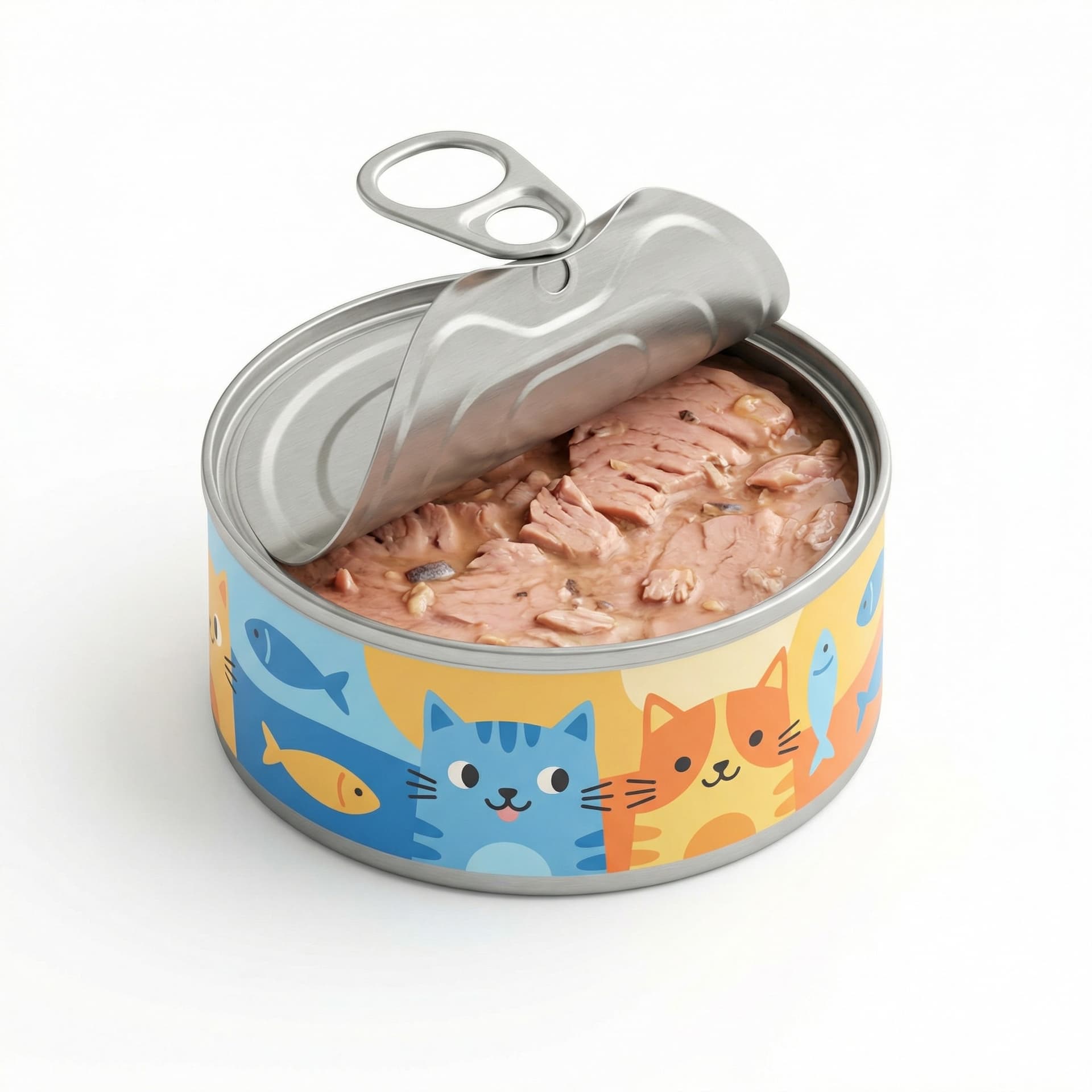 make a cat food product tuna in a can and make it cute and colorful and make the can half opened