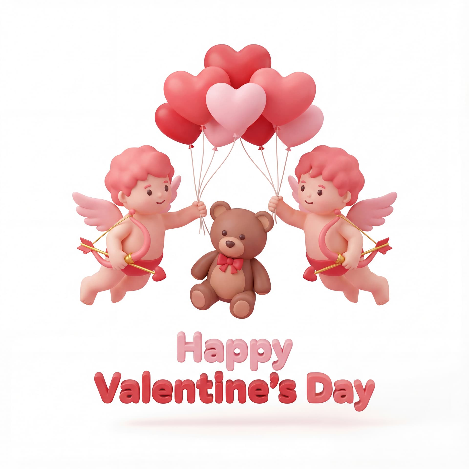 a cute couple of Cupid characters floating gently, balloons lifting a teddy bear between them, while “Happy Valentine’s Day” appears centered beneath the scene, isolated on a white background.