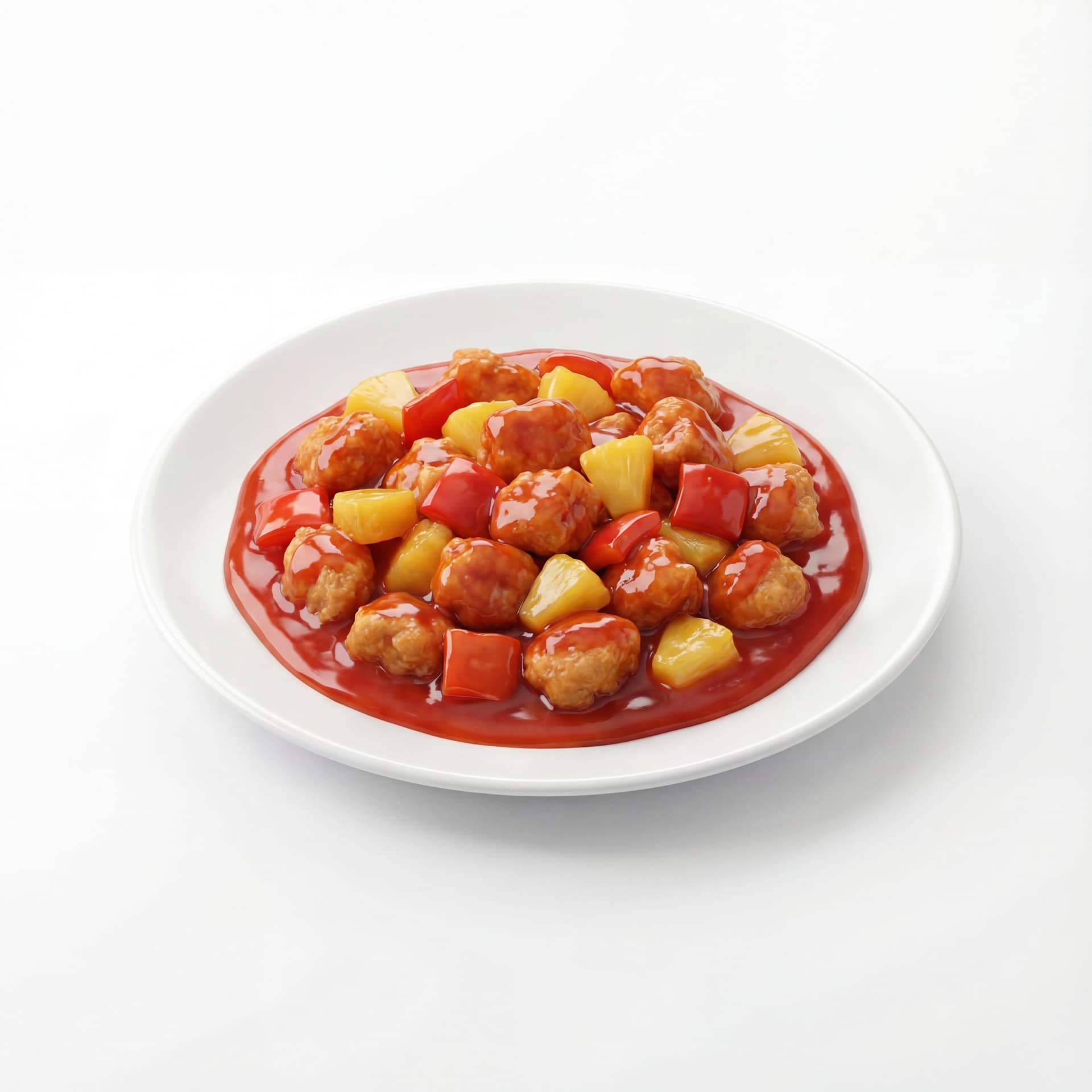 A round plate featuring sweet-and-sour chicken pieces, pineapple chunks, red bell pepper squares, and thick red sauce.