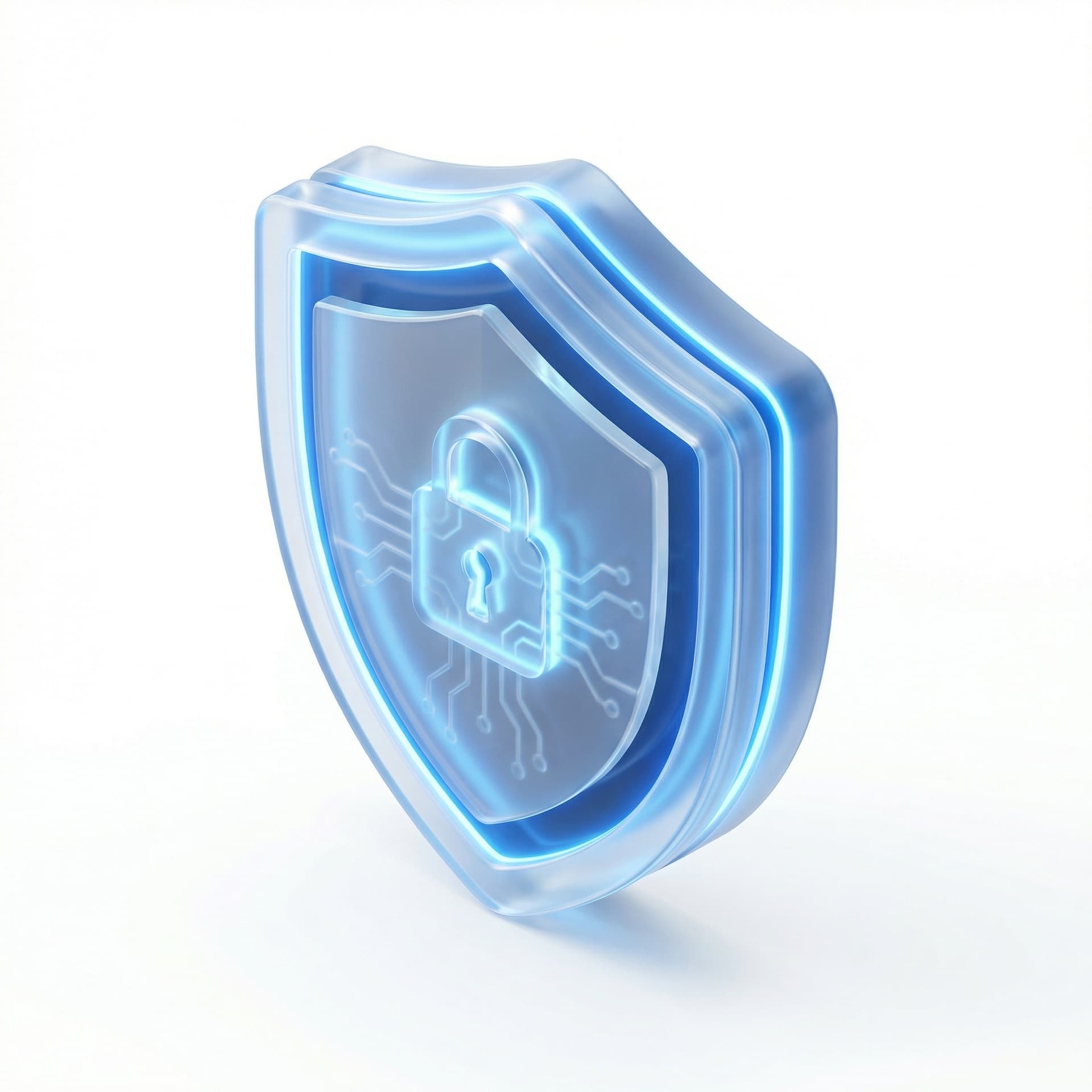 Isometric icon of a security shield, frosted glass material, glowing blue edges, translucent layers, high tech, futuristic, glossy finish.