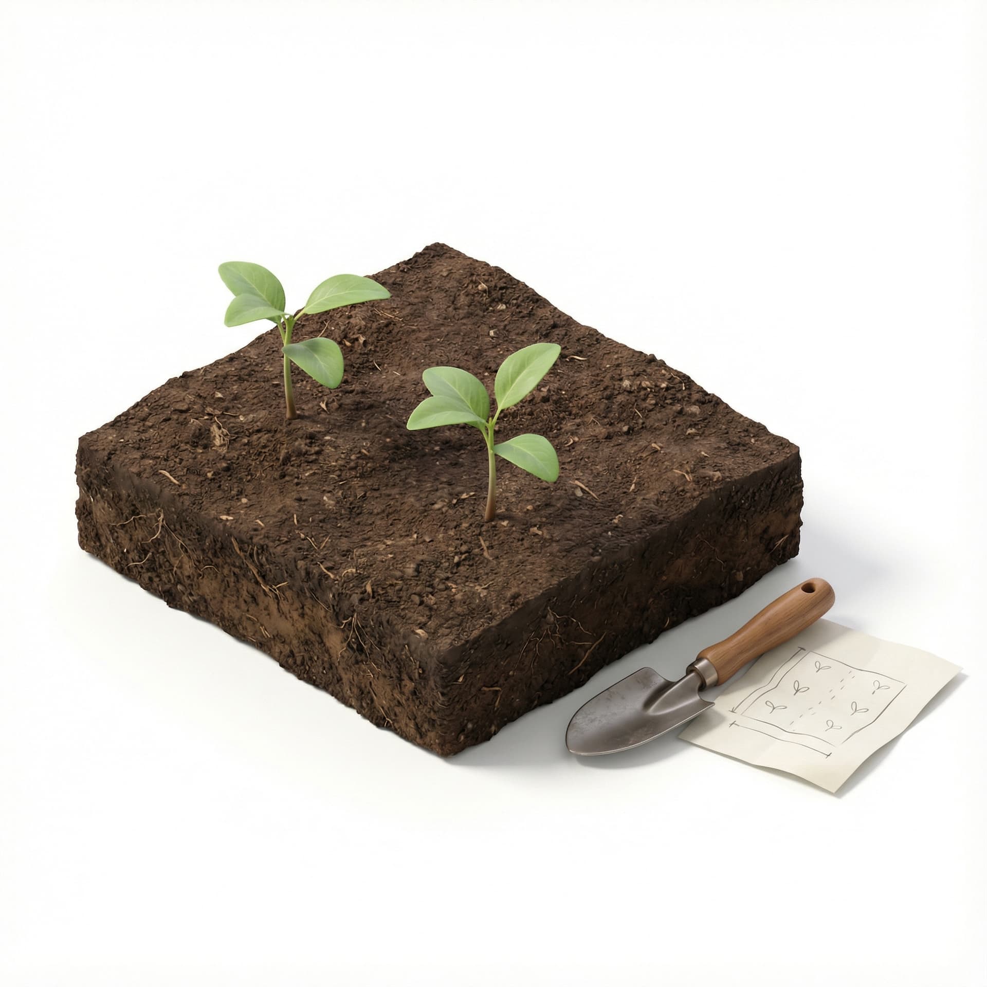 Isometric soil tile with two generic seedlings planted randomly, accompanied by a manual shovel and a paper planting sketch. Basic tools only.