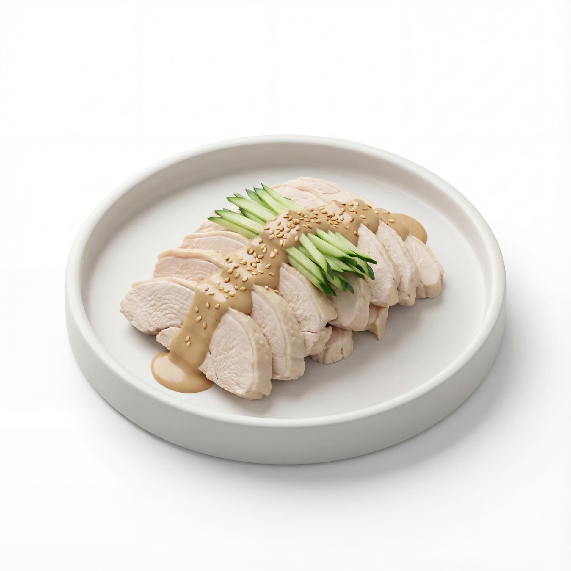 A serving platter holding cold sliced chicken with sesame sauce, cucumber strips, toasted sesame seeds, and pale brown dressing.
