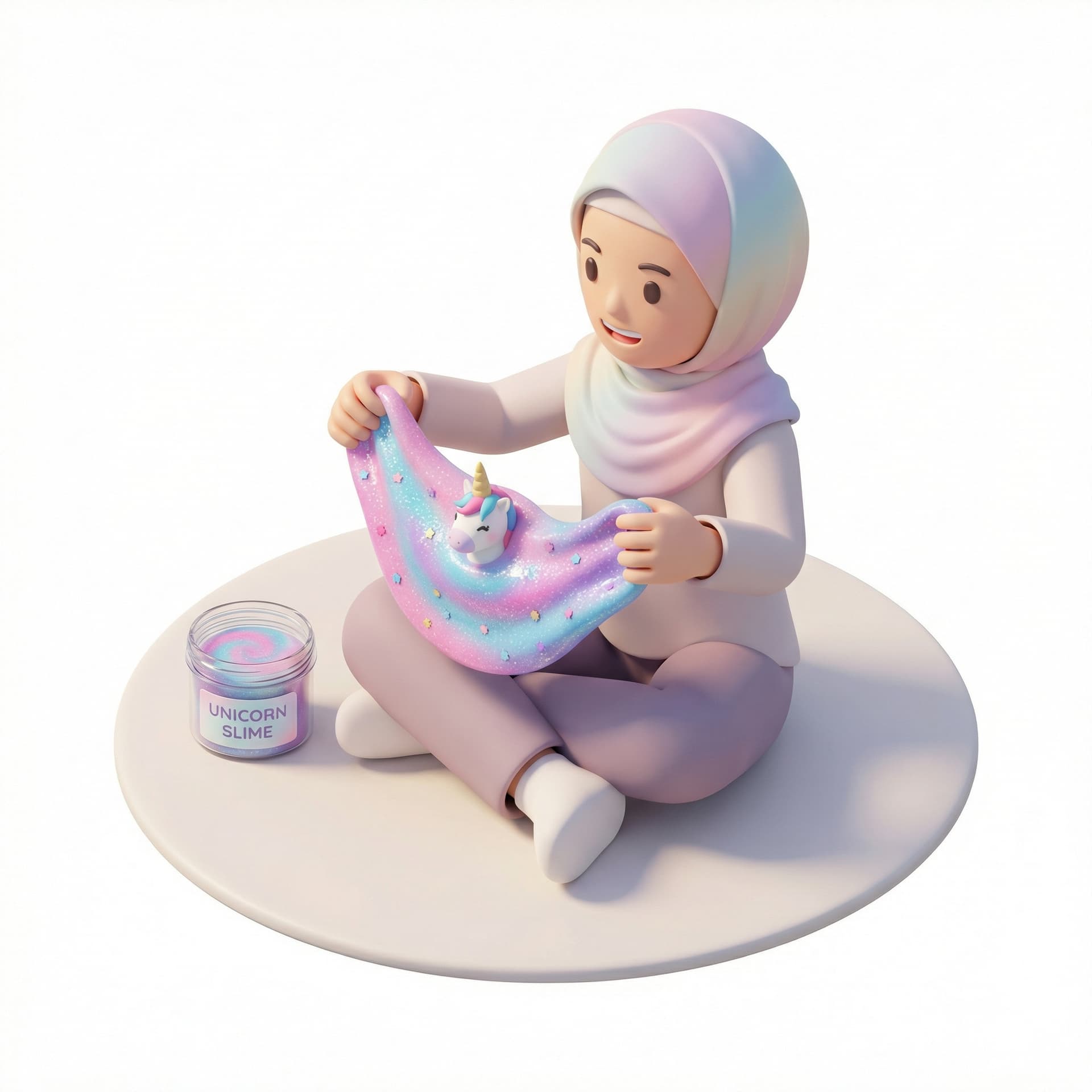 buatkan orang berjilbab lagi main unicorn slime