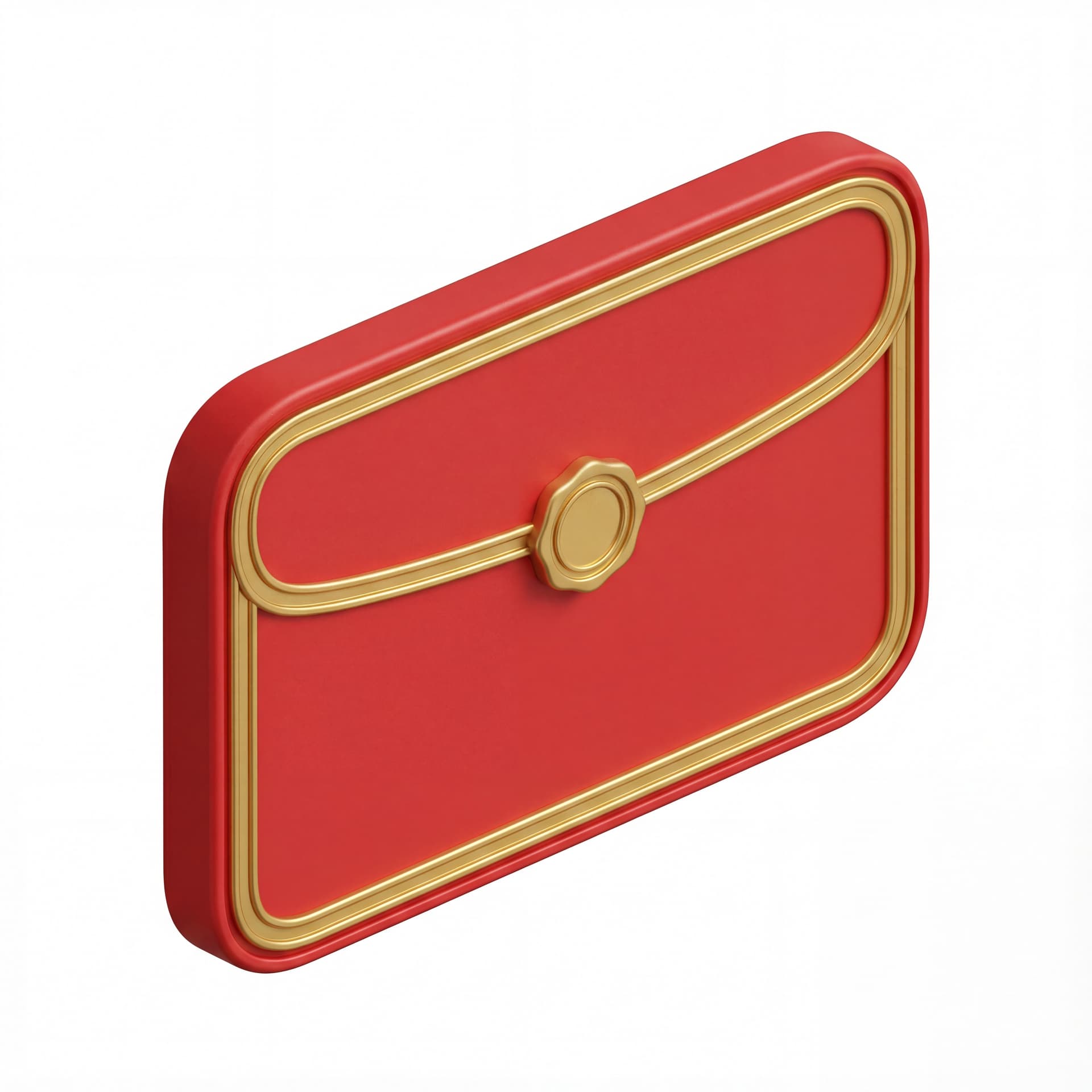 A red envelope icon with a rectangular shape, rounded corners, thick outline, gold border trim, a small circular gold seal in the center, flat front view, no patterns, isolated on a white background.