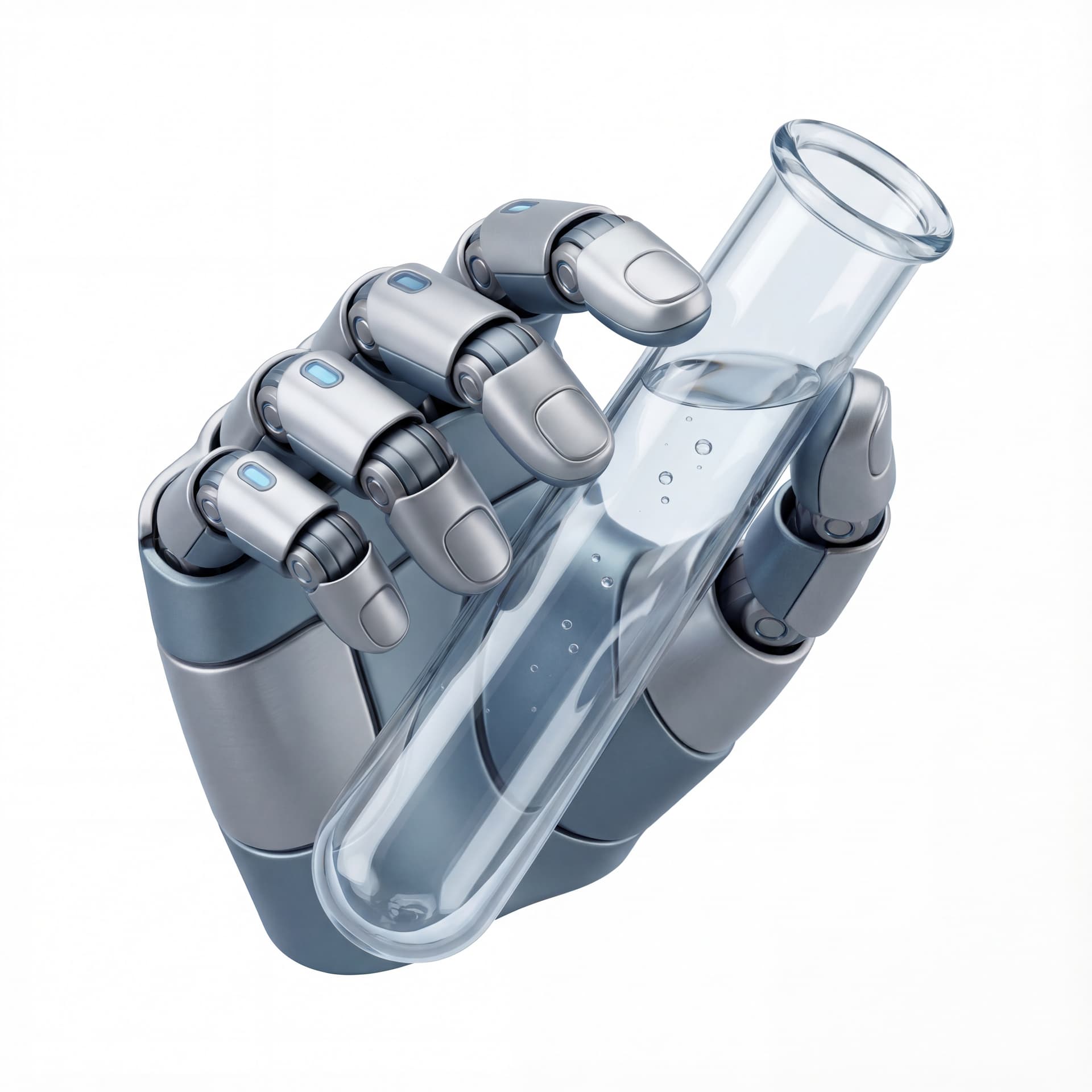 A robotic hand gently holding a glass test tube, blending technology and science research themes, isolated on a white background.