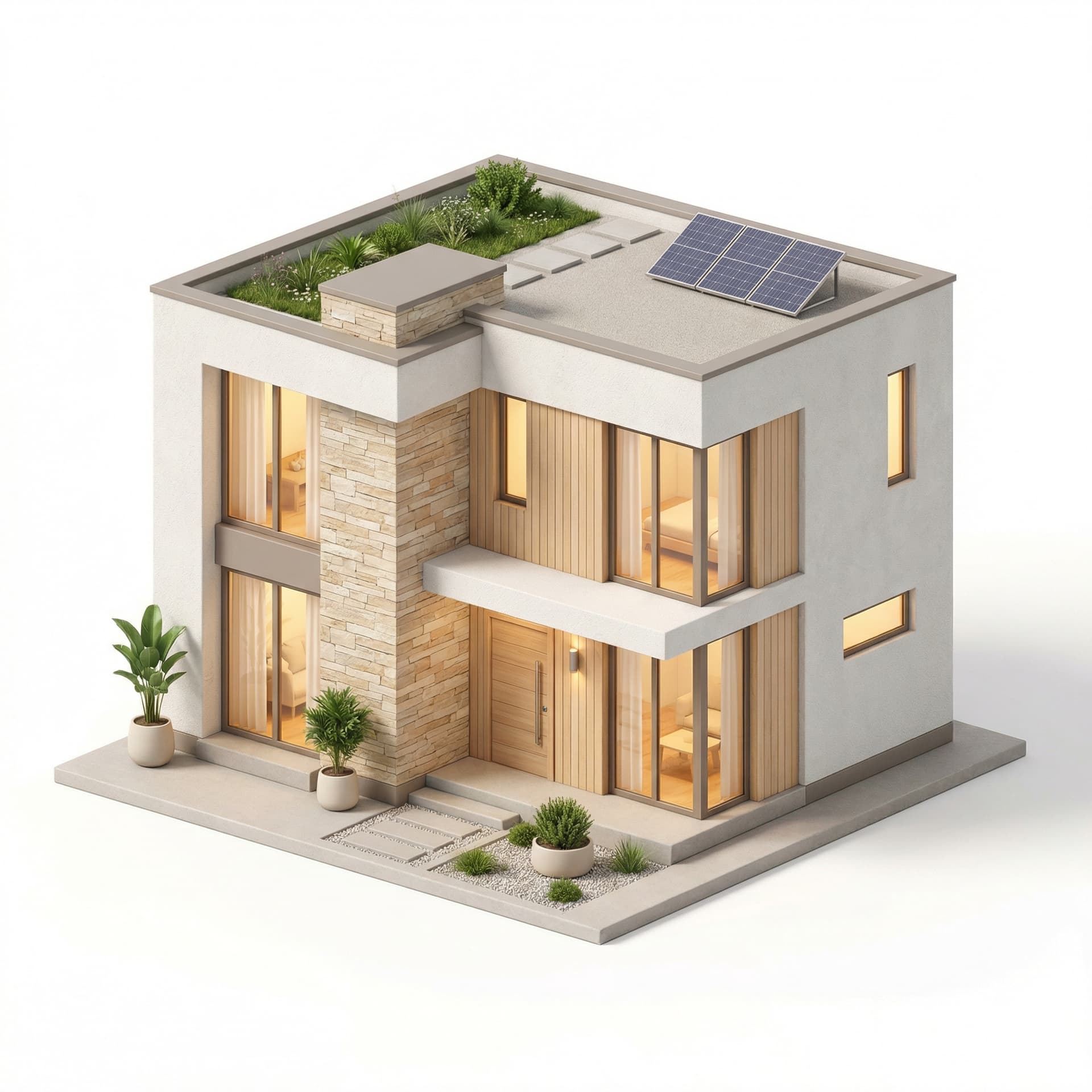 a modest modern house only whit light and neutral shades of color. With a lot of detail and textures