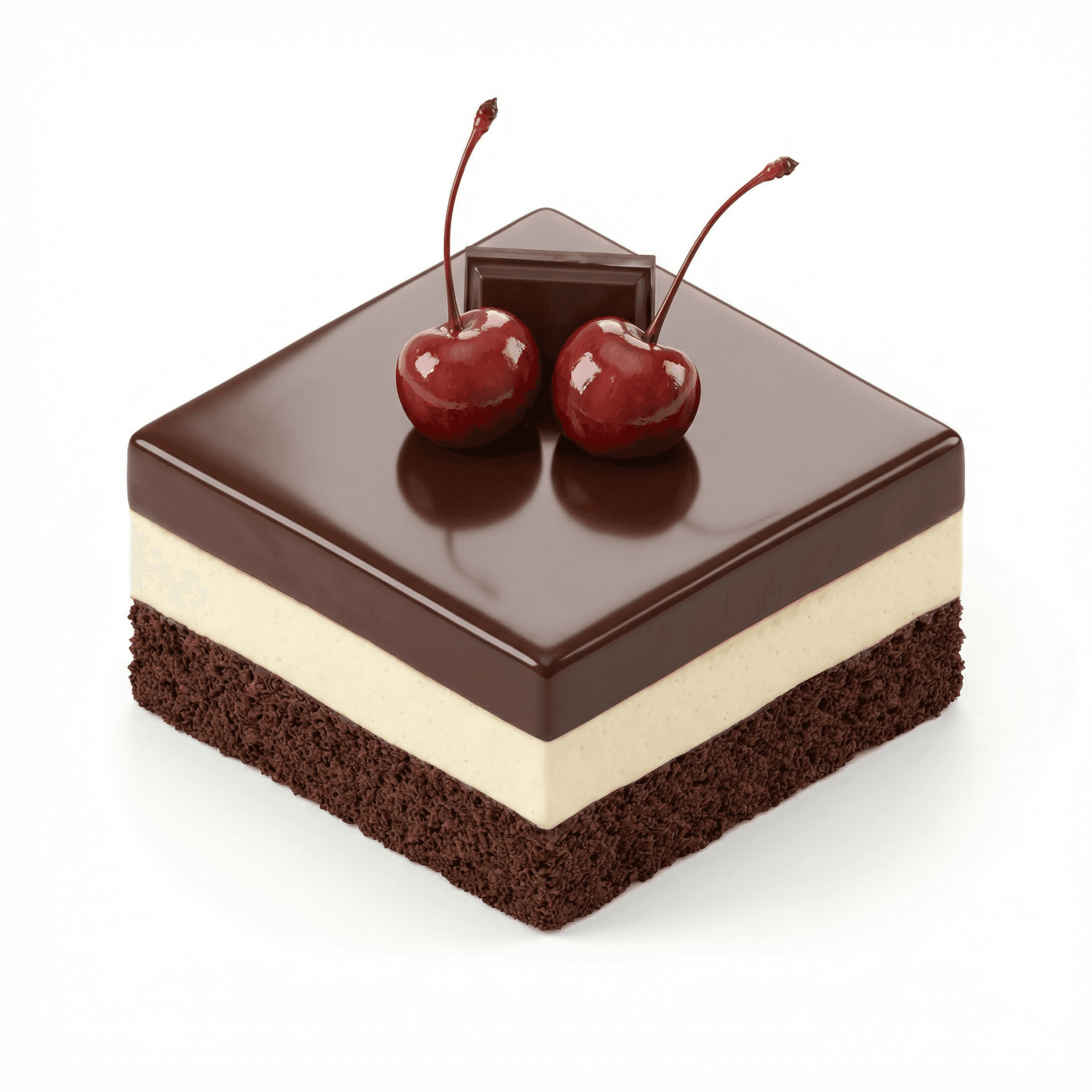 A hyper-realistic 3D render of a luxurious square chocolate dessert placed on a soft pastel pink background. The dessert consists of multiple clean layers: a dark chocolate sponge cake base, a thick creamy vanilla custard layer in the middle, and a glossy dark chocolate ganache layer on top. The top surface is perfectly smooth and reflective, with two shiny red cherries resting on it, complete with long elegant stems and a wet, glazed finish. A small rectangular piece of chocolate is placed behind the cherries for visual balance.  The dessert has sharp edges, precise geometry, and a premium patisserie presentation. Soft studio lighting from the side creates gentle shadows and highlights the glossy textures of the chocolate and cherries. The materials look rich and realistic, with subtle reflections and depth. Minimalist composition, centered subject, shallow depth of field, cinematic lighting, ultra-high resolution, photorealistic 3D food render, octane render style, clean background, modern aesthetic.