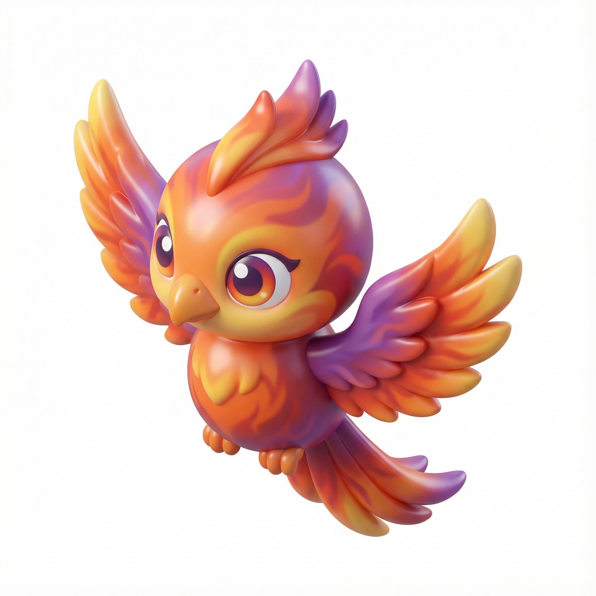 a chibi phoenix fantasy monster character with glossy vinyl and gradient vibrant bright color palette