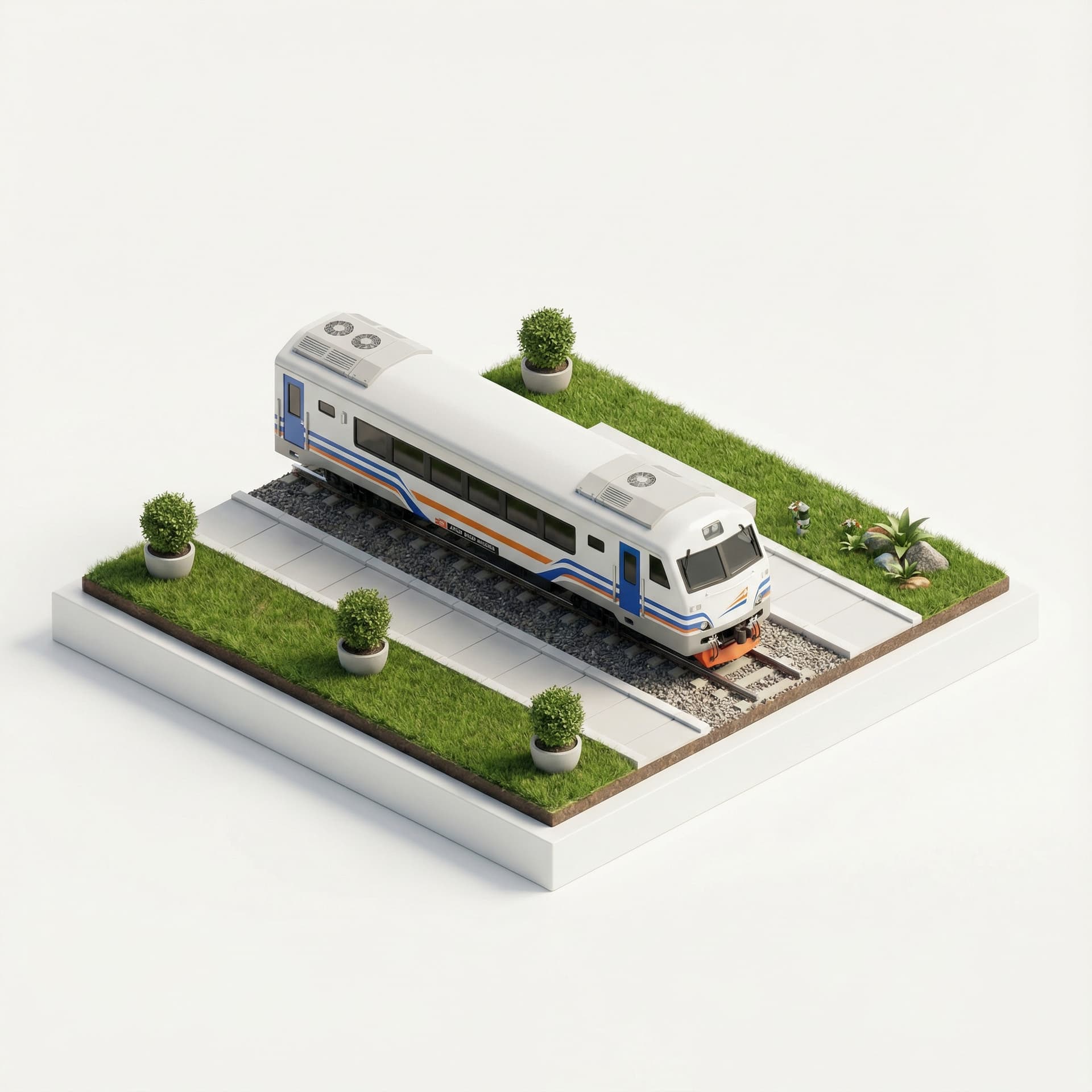 Create a high-definition miniature 3D isometric diorama of the Indonesian train Argo Bromo Anggrek. Use a 45° top-down isometric view. The train body is white with blue and orange stripes. Place it on a realistic track with gravel texture. Build the scene on a raised diorama base with trimmed grass, small shrubs, clean pavement, and subtle landscaping so the environment feels alive but still minimal and premium. Use soft studio lighting, photorealistic rendering, 4:3 aspect ratio.