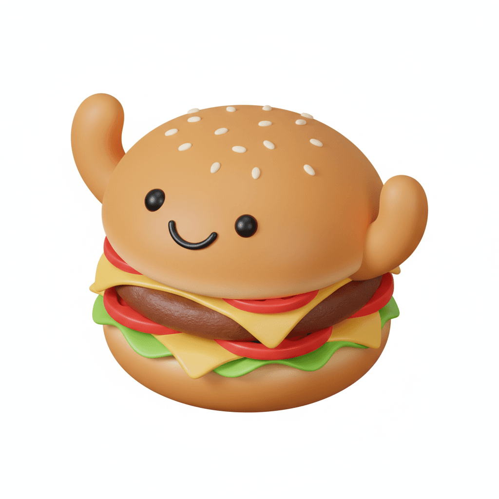 isometric minimal line art of a happy kawaii burger with sesame seed bun and arms raised