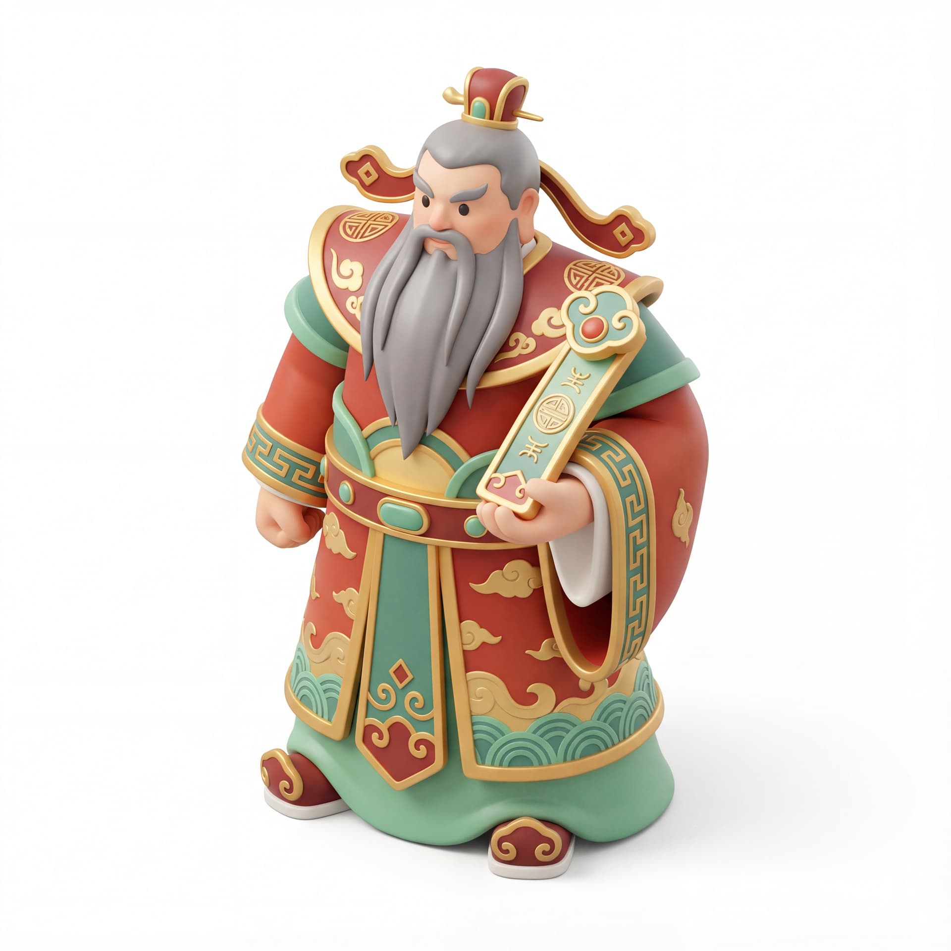 A full-body portrait of a valiant God of Wealth standing with feet firmly apart, commanding posture, broad shoulders, long beard flowing naturally, refined ceremonial robes with traditional detailing, holding a symbolic wealth tablet, isolated on a white background.