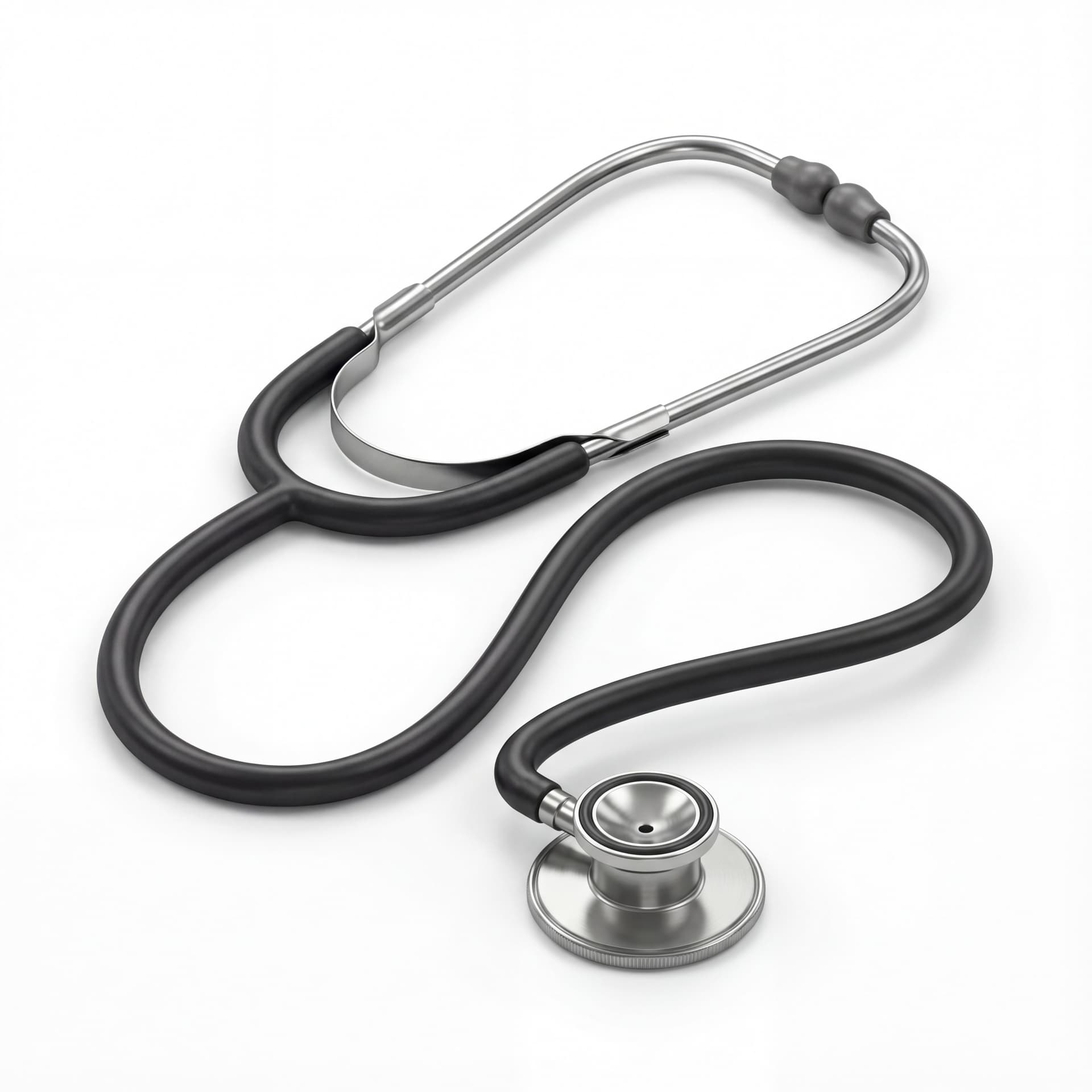 A professional medical stethoscope arranged in a smooth looped form, diagnostic healthcare symbol, realistic material rendering, isolated object.