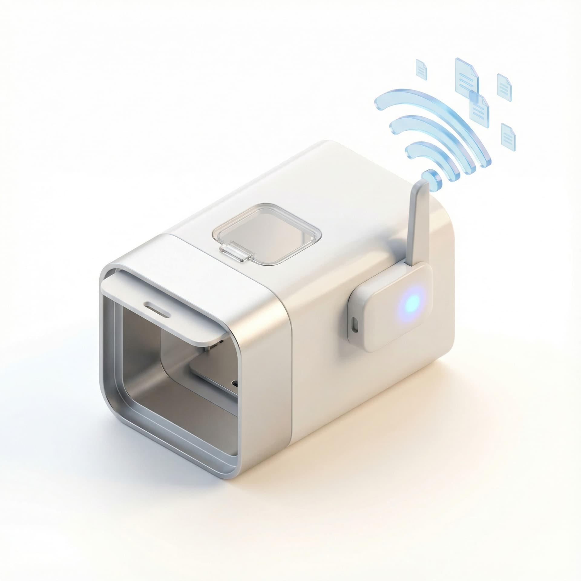 Realistic 3D miniature icon of a small IoT trap device with a soft glowing sensor light and floating wireless signal waves above it, symbolizing live monitoring. Smooth rounded edges, glossy surfaces, soft Airbnb/Apple-style lighting, clean white background.