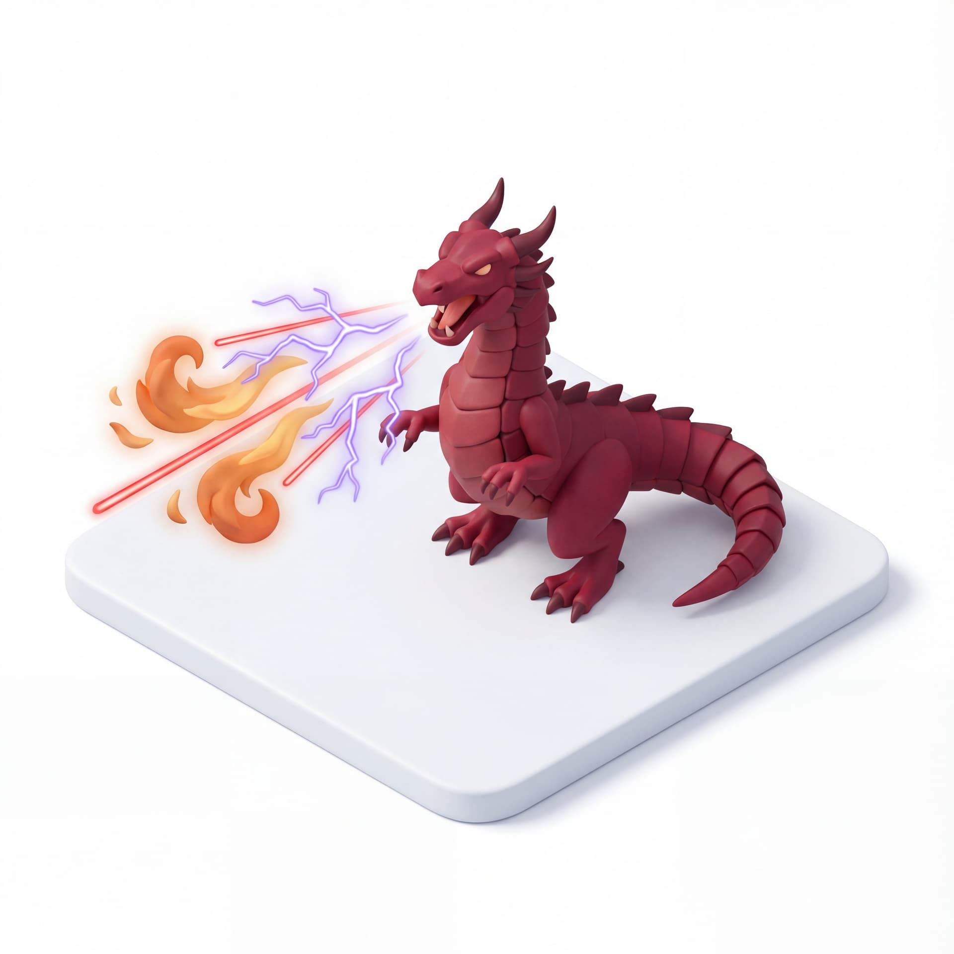 An isometric dragon with deep crimson armor-like scales roaring horizontally, firing a layered blast of orange fire, violet lightning branches, and thin red laser streaks.