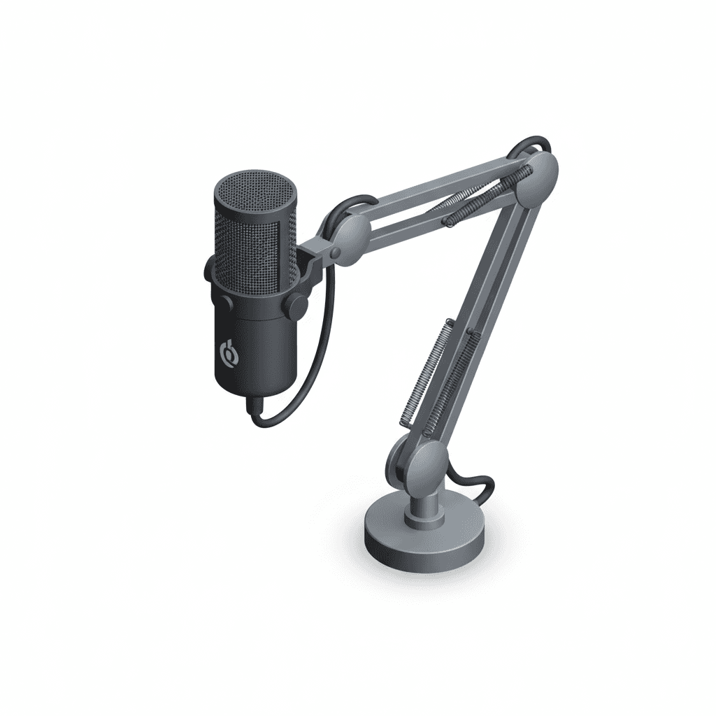 detailed 3d isometric icon of a boom-arm podcast microphone, realistic cable, matte metal materials, subtle global illumination, centered composition with clean negative space, microstock aesthetic
