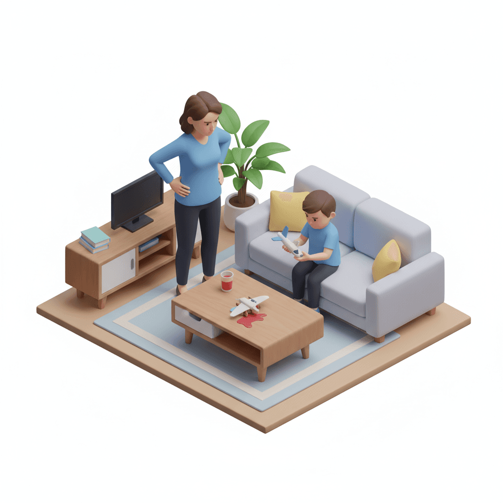 seorang ibu yangg memarahi anaknya di ruang tamu