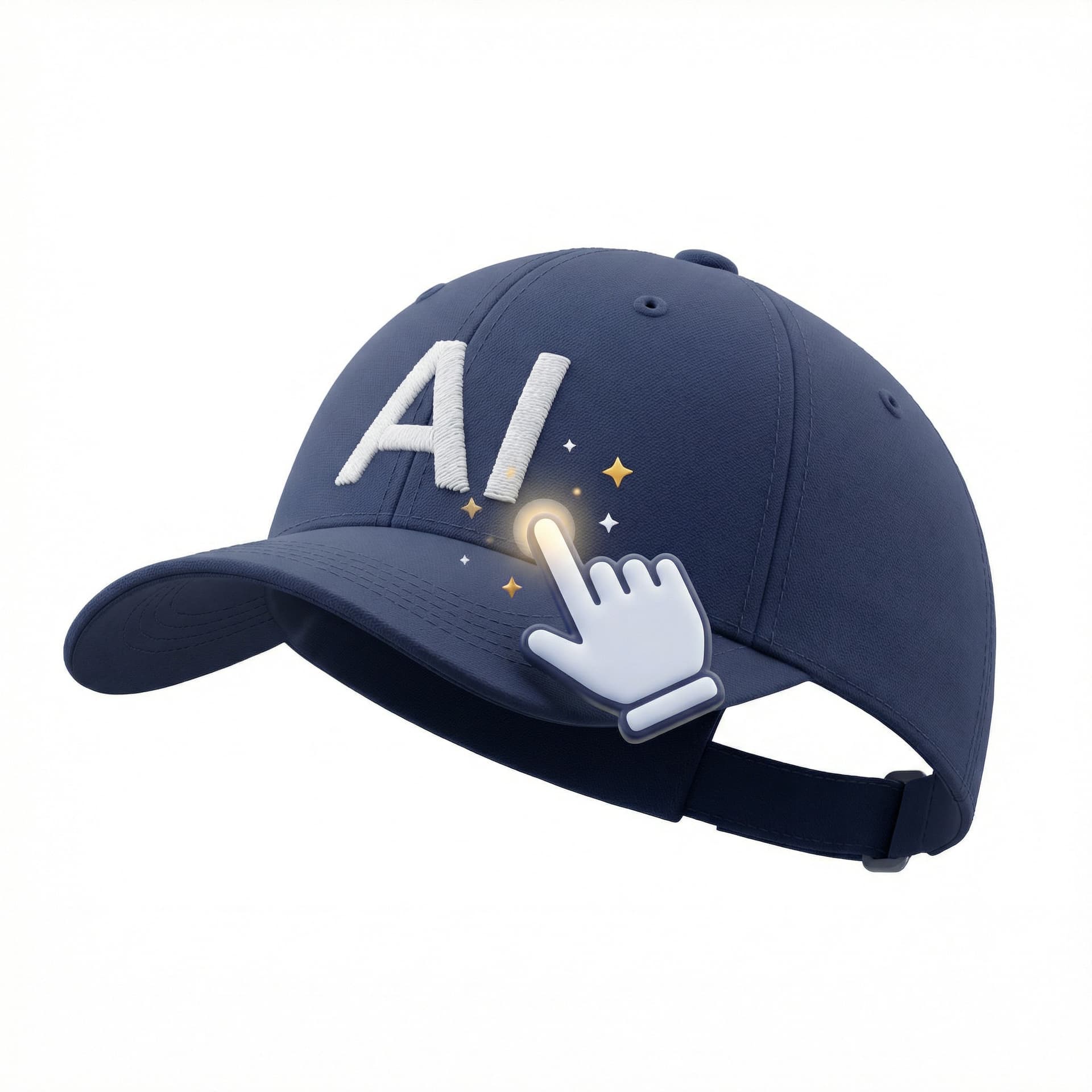 Text hat says "AI" with sparkles and a cursor pressing it