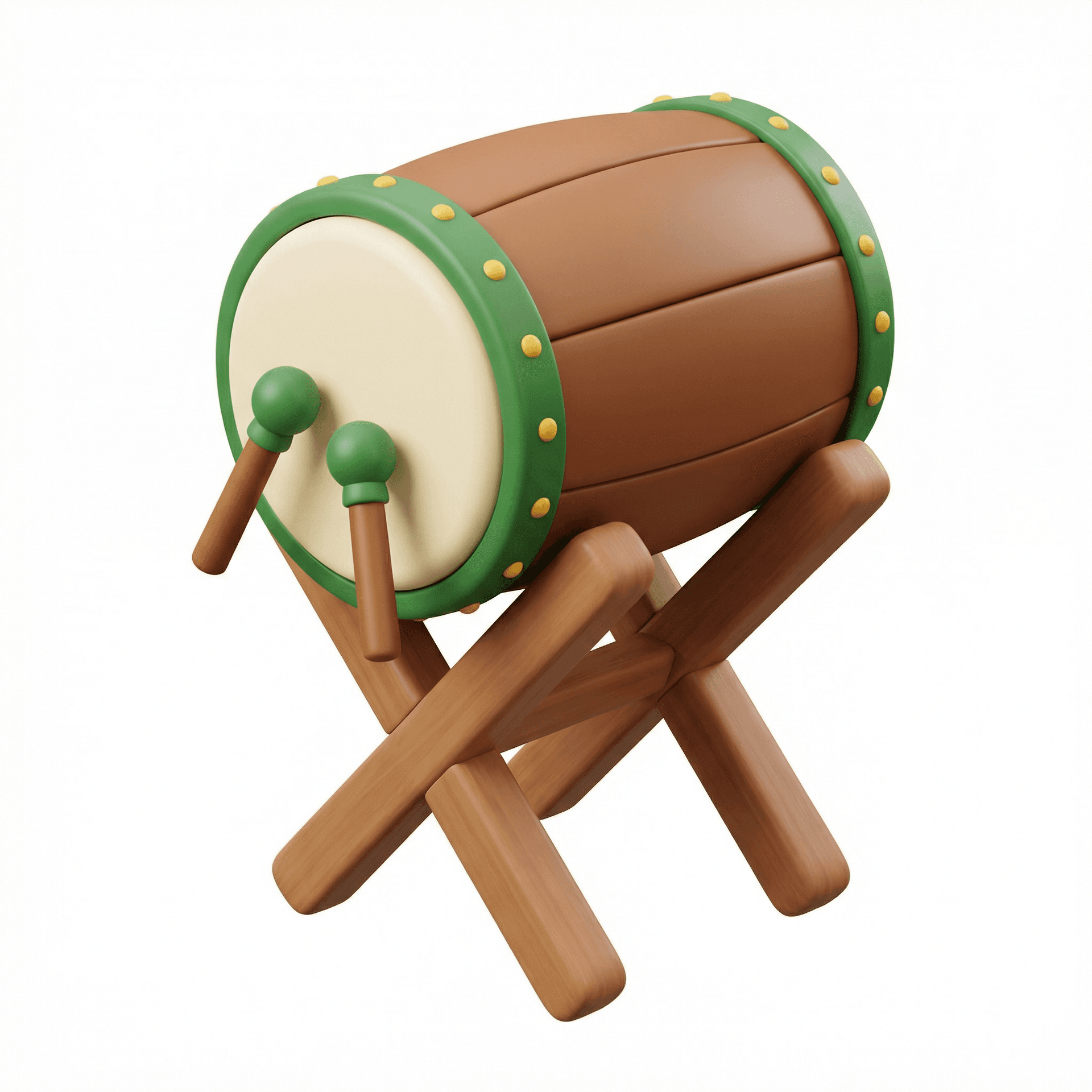 A high-quality stylized 3D render of a traditional wooden drum mounted on a crossed wooden stand. The drum has a cylindrical body made of smooth brown wooden panels with soft rounded edges. Both drum heads are circular, cream-colored, and slightly padded, bordered by a green rim with evenly spaced small yellow rivets. Two short drumsticks are attached near the front, each with a cylindrical brown handle and a round green tip, giving a playful and cartoon-like appearance. The drum stand is made of thick wooden beams crossed in an X-shape, with rounded corners and a matte wooden finish. The overall style is cute, minimal, and toy-like, with simplified geometry and smooth surfaces. Materials are soft matte plastic and polished wood, with subtle shading and gentle highlights. Rendered in a clean studio environment, isolated on a white background. Soft global illumination, balanced lighting, smooth shadows, no harsh reflections. Ultra-clean 3D style, Pixar-like proportions, modern cartoon aesthetic, high resolution, sharp focus, blender cycles / octane render quality, PBR materials, ambient occlusion, professional product-style render.