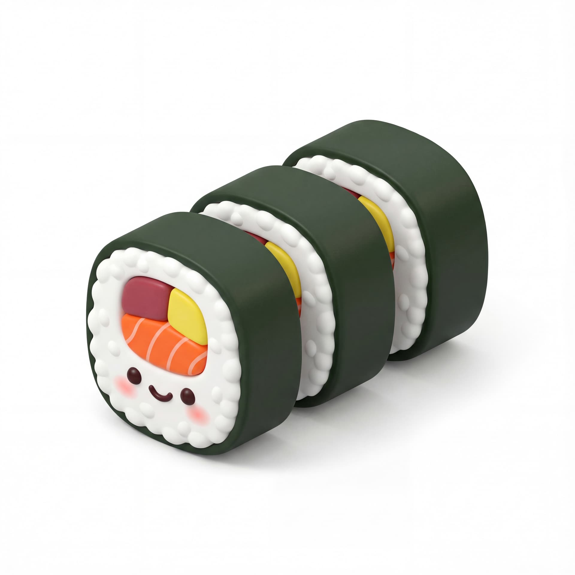 A cute cartoon sushi roll with simplified rice texture, bold color contrast, and rounded cuts.