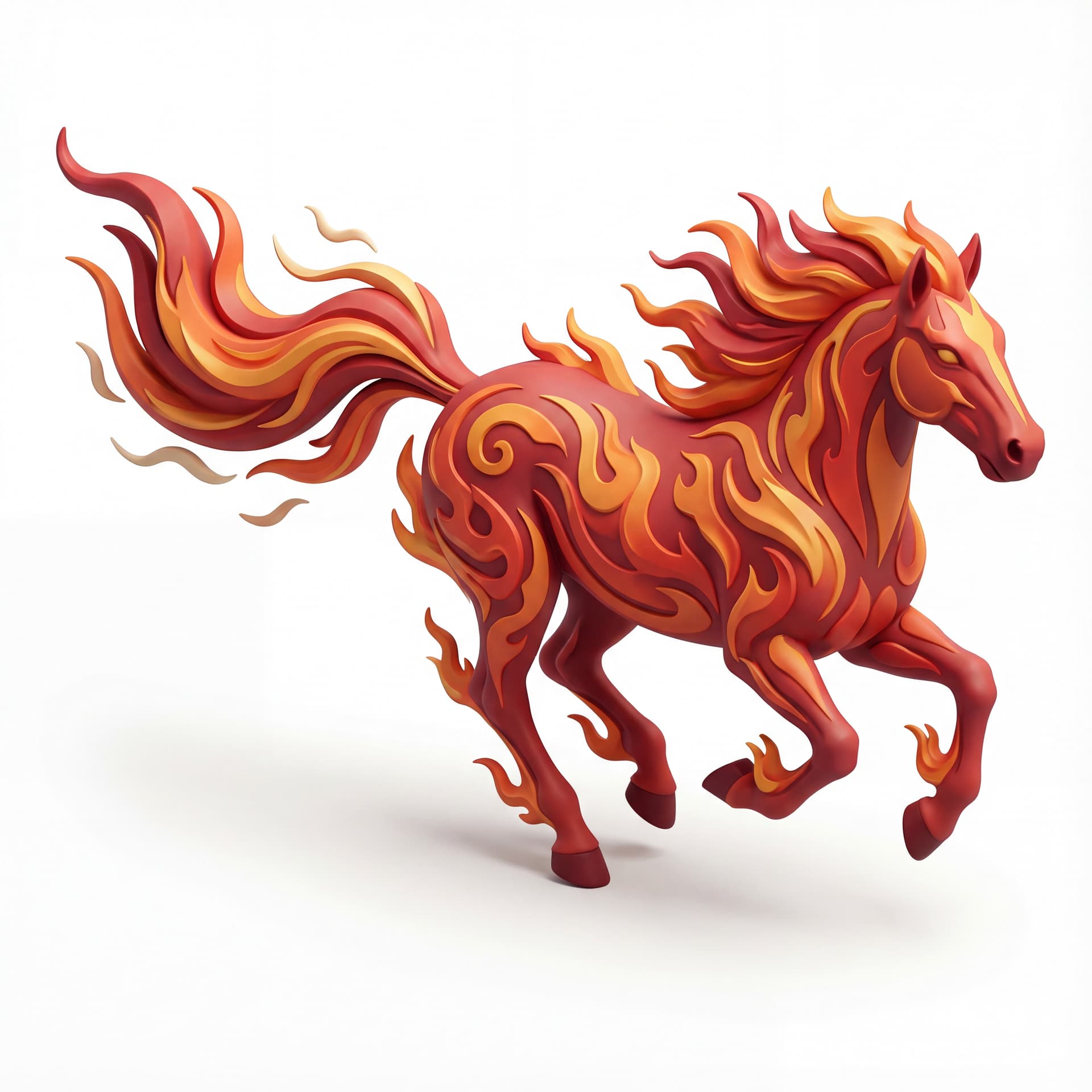 An oriental mythical horse illustrated in mid-stride, body contours blending into swirling fire motifs, long flowing tail resembling drifting flames, strong muscular silhouette, traditional Chinese artistic influence, isolated on a white background.