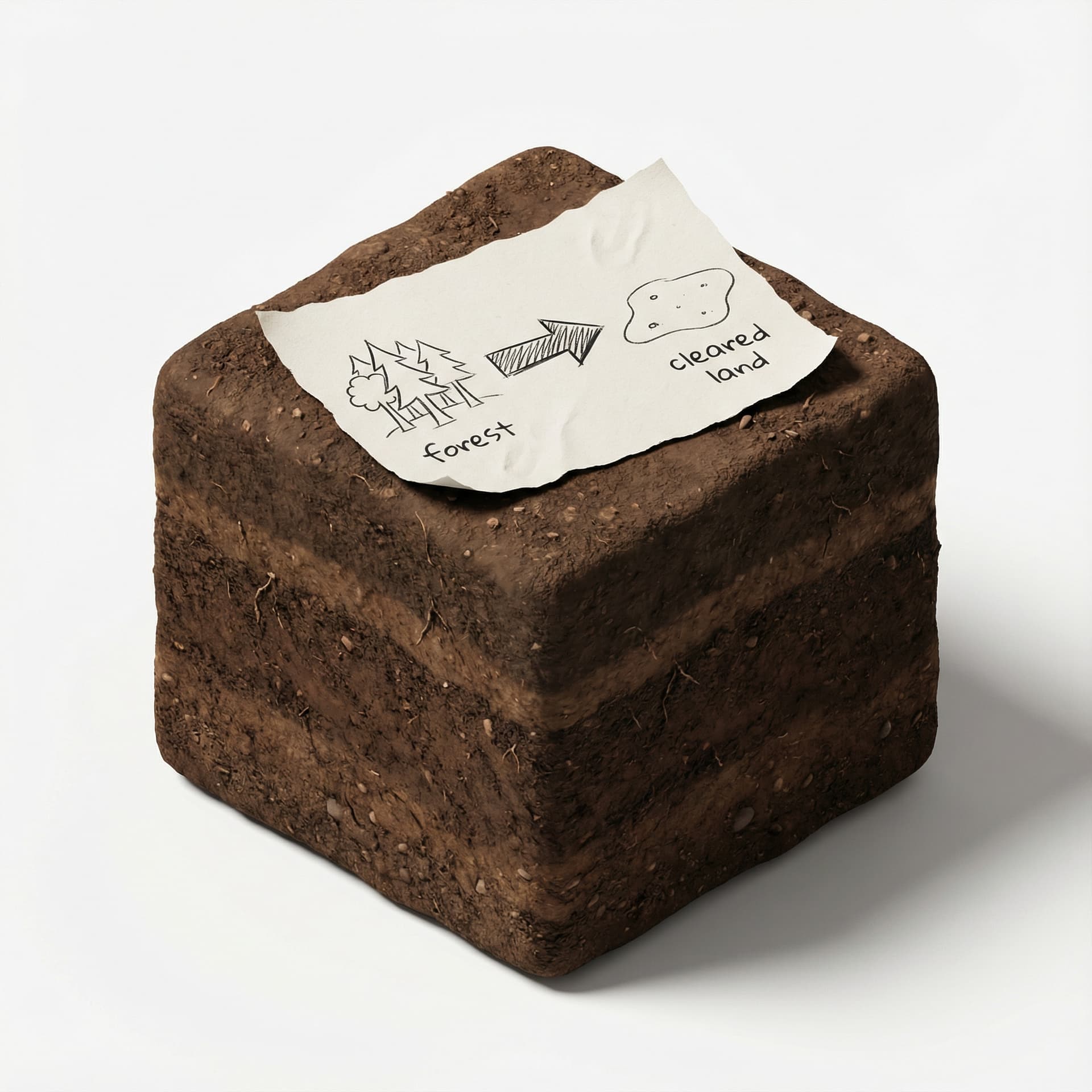 Isometric soil tile with a simple paper map placed on top. Add a hand-drawn arrow showing land cover change from “forest → cleared land” in basic sketch style. Manual, low detail, no digital UI. Soft shadow, clean white background