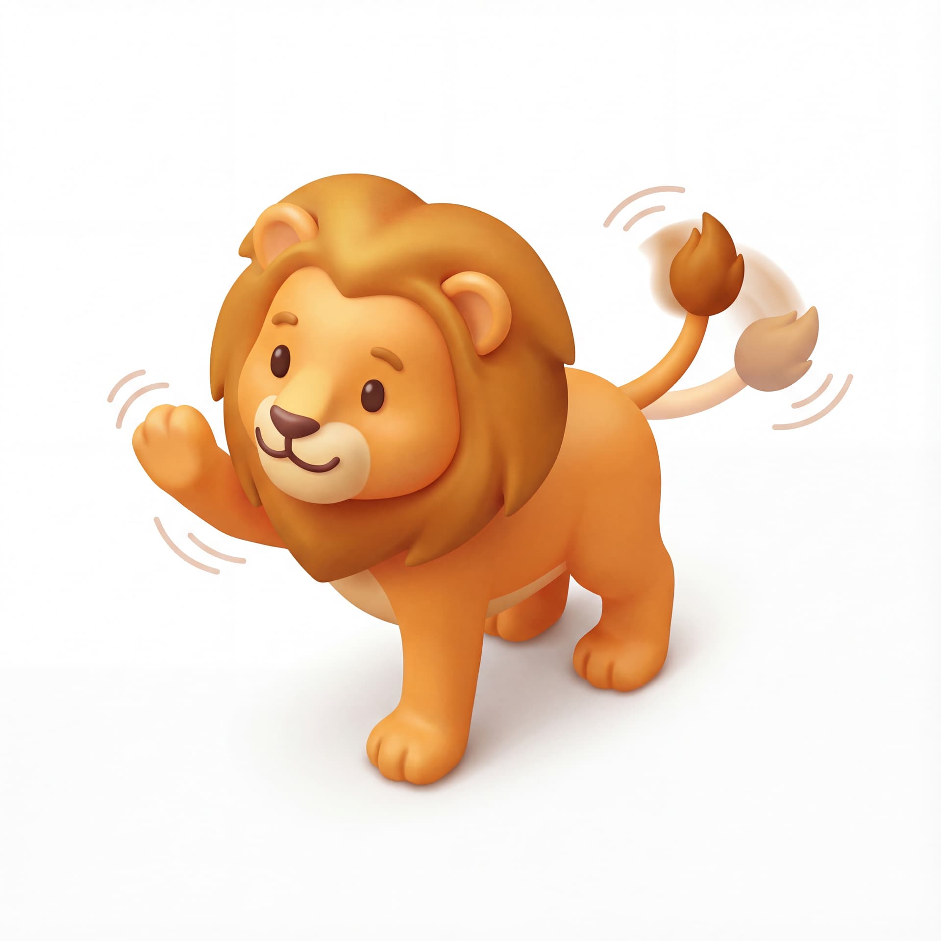 An isometric cute cartoon lion playfully waving one paw, tail swishing side to side with soft motion lines.