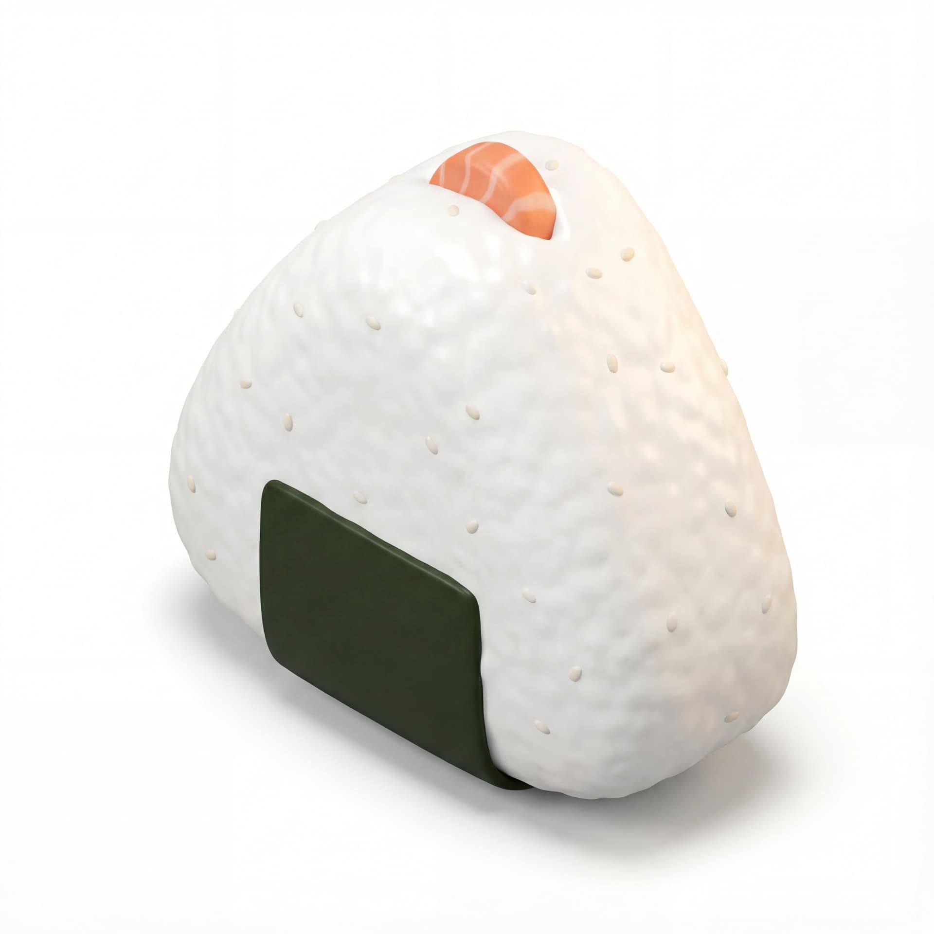 A cartoon onigiri with a soft triangular form, subtle rice texture dots, and minimal shading.