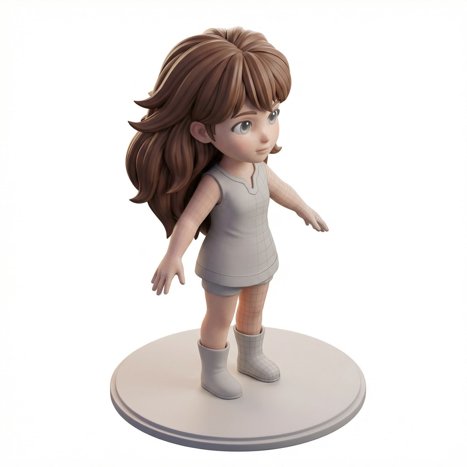 3D character model of a young female anime style, big eyes, soft facial features, detailed hair, realistic skin shader, neutral pose, clean mesh, game ready
