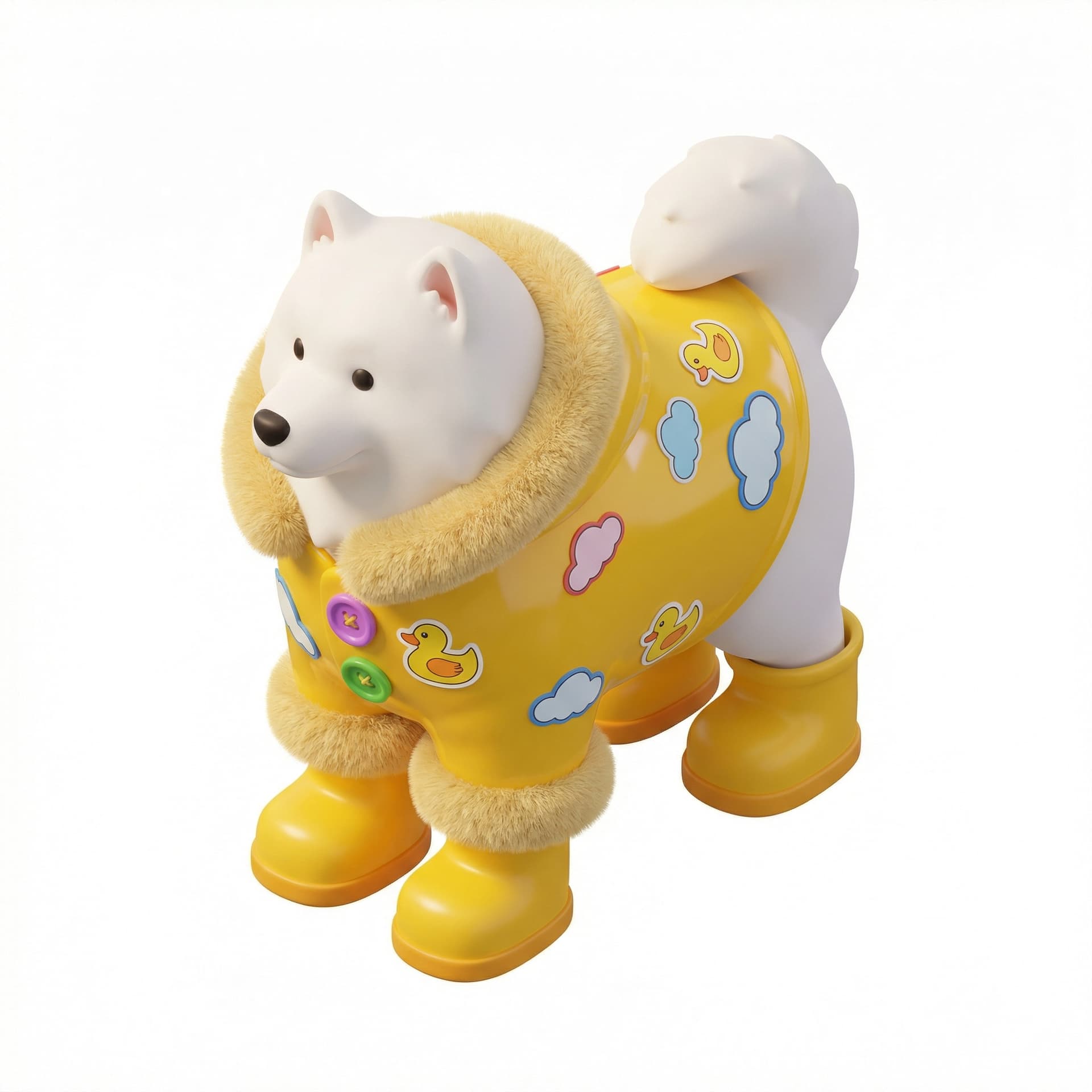 samoyed white dog wearing a cute yellow raincoat make it tacky