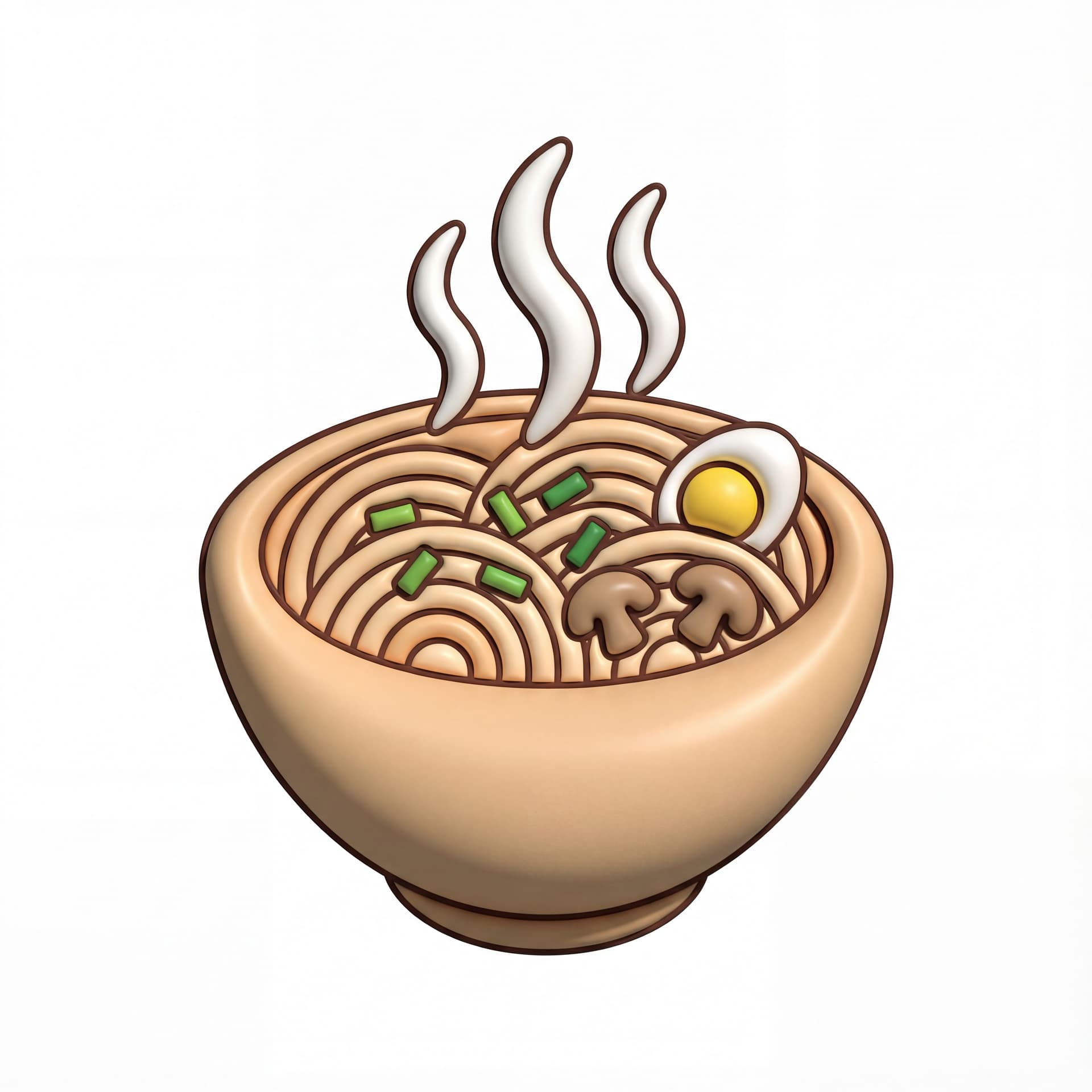  a steaming bowl of noodles, rounded shapes, simple highlights, bold outline