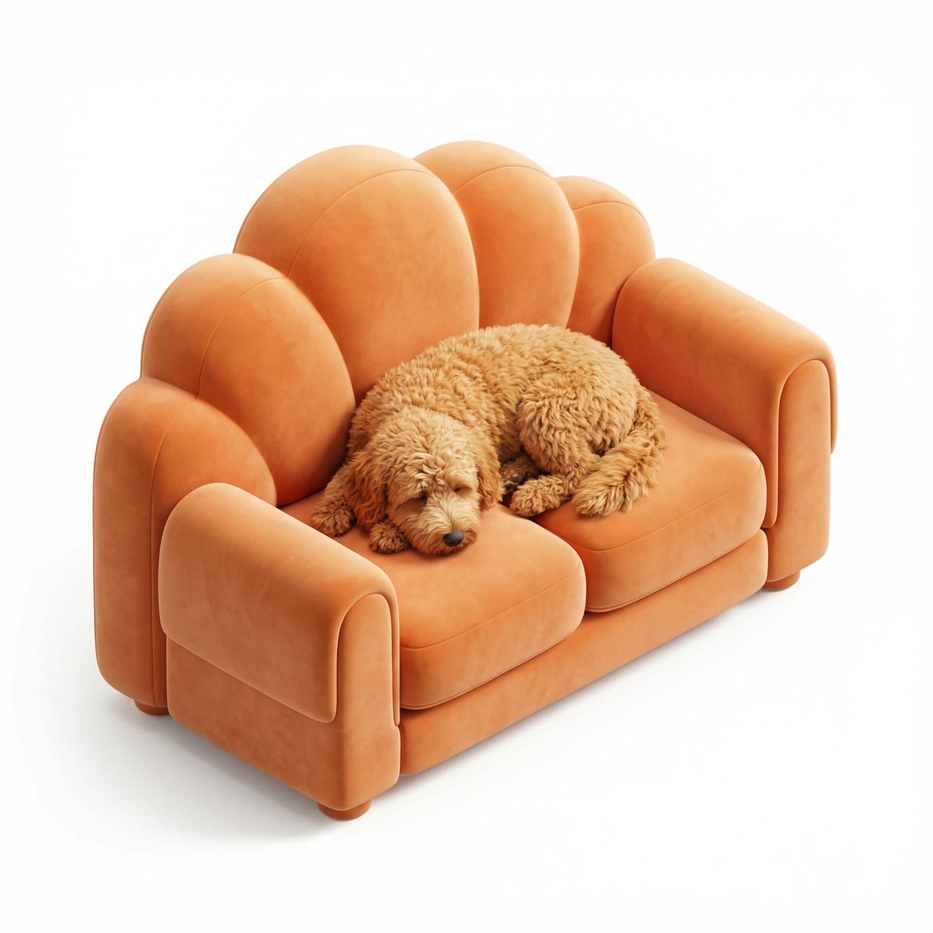 A goldendoodle sleeping on a orange velvet cloud couch 