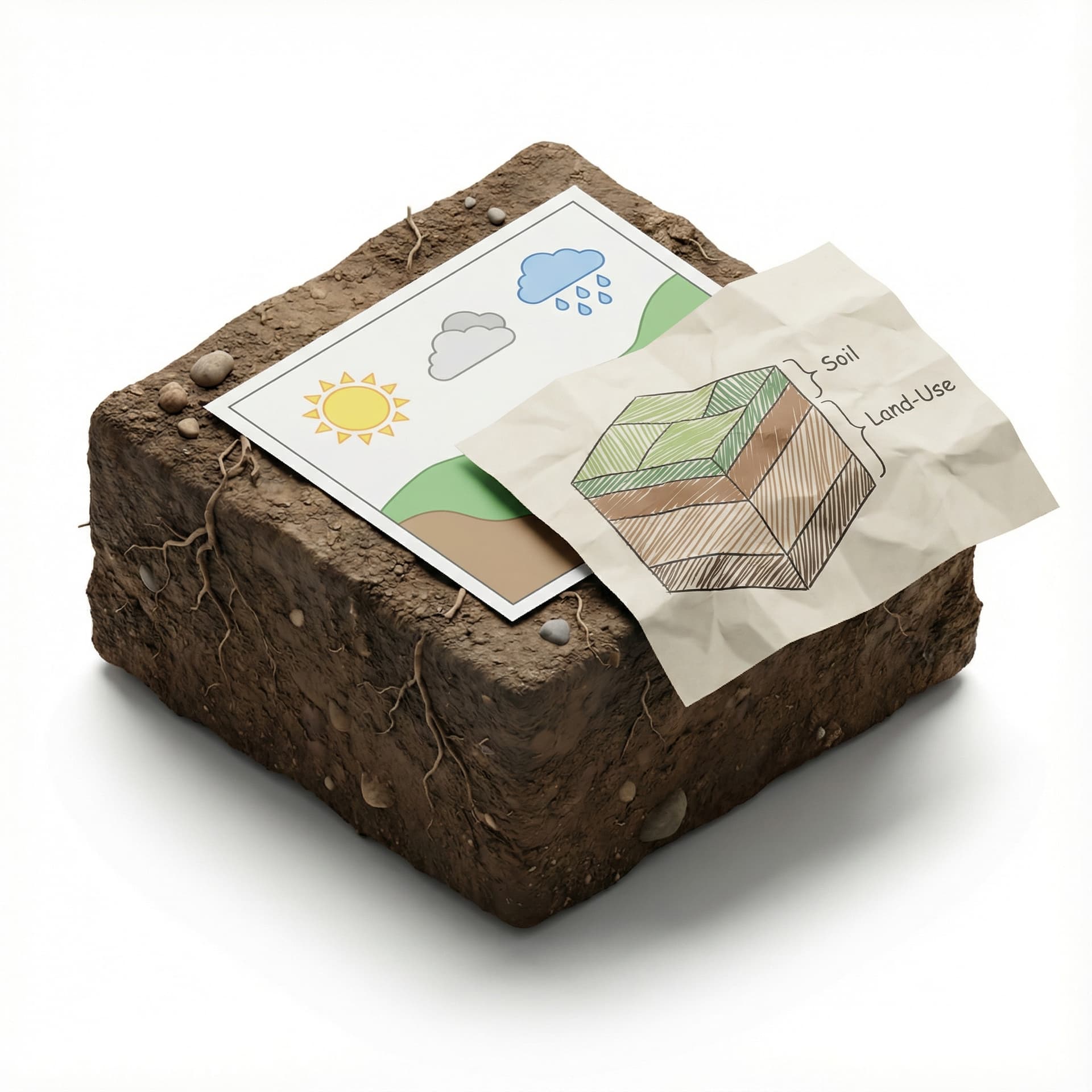 Hyper-realistic isometric soil tile with a flat printed environmental map placed on top (showing simple climate icons: sun, cloud, rain). Add a basic paper map of soil + land-use layers drawn in low detail. No sensors, no devices, no AI. Represents “data is provided but not analyzed”. Clean white background, natural shadows.