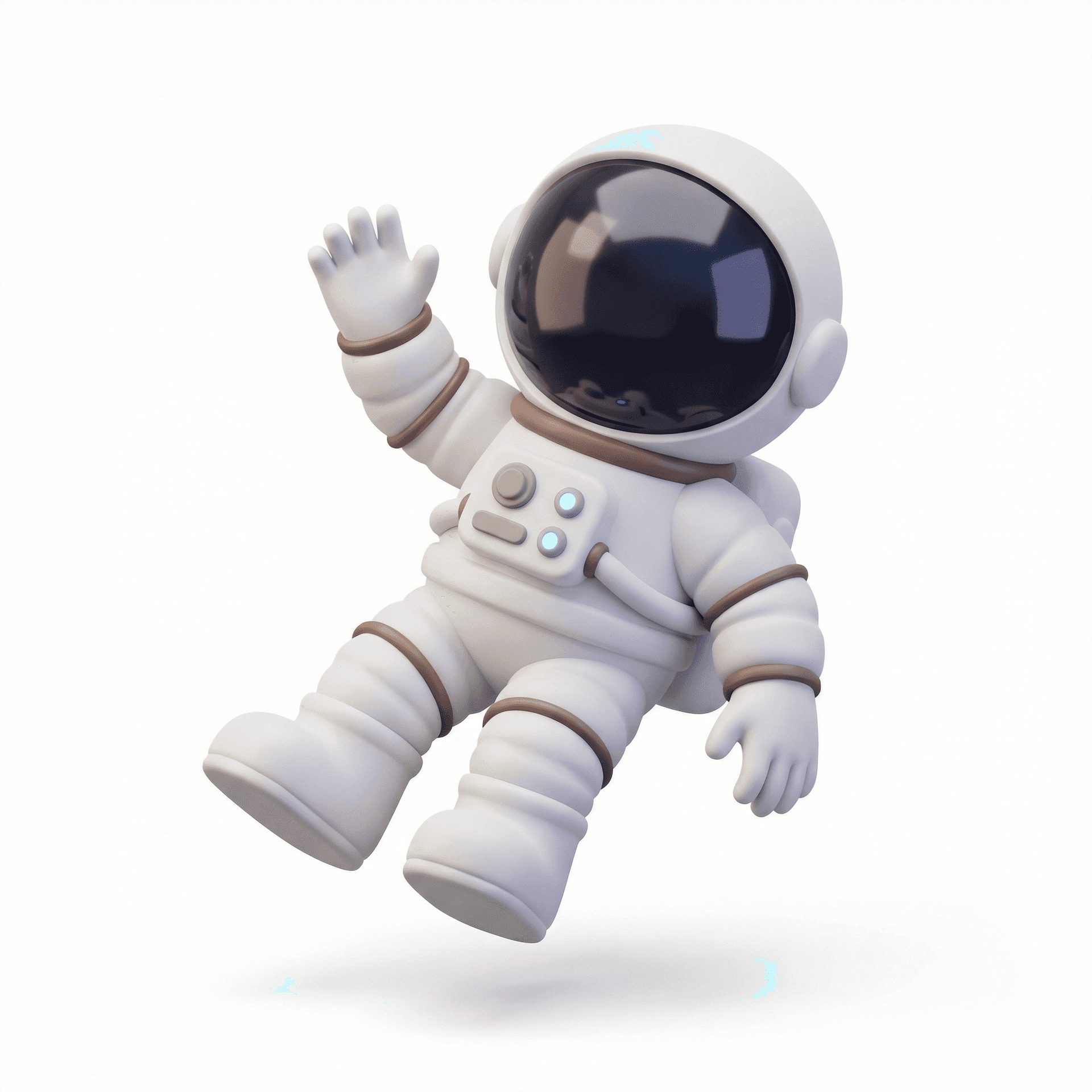 A high-quality, cute 3D illustration of a friendly astronaut character floating in mid-air and waving. The astronaut wears a classic white space suit with a rounded, chunky, cartoon-like design. The suit has soft folds and padded segments on the arms and legs, with subtle brown accent rings around the joints. The boots and gloves are oversized and rounded, enhancing the cute proportions. The helmet is large and spherical with a glossy, dark-tinted reflective visor that hides the face completely. The visor has smooth reflections, giving a polished glass look. On the chest area, the astronaut has a simplified control panel with rounded buttons and small glowing blue details, minimal and stylized rather than realistic. The astronaut’s pose is dynamic and friendly: one hand raised in a waving gesture, the other arm relaxed, legs slightly bent as if floating in zero gravity. The overall style is modern, soft 3D with smooth geometry and rounded edges, resembling a Pixar-style or app mascot illustration. Materials look like matte plastic or soft rubber with gentle highlights and no harsh reflections. Lighting is soft, studio-style, evenly diffused, creating subtle shadows and depth. The background is clean and minimal, preferably transparent or a very light neutral color. No text, no logos, no realism — purely stylized, high-resolution 3D character render, centered composition.