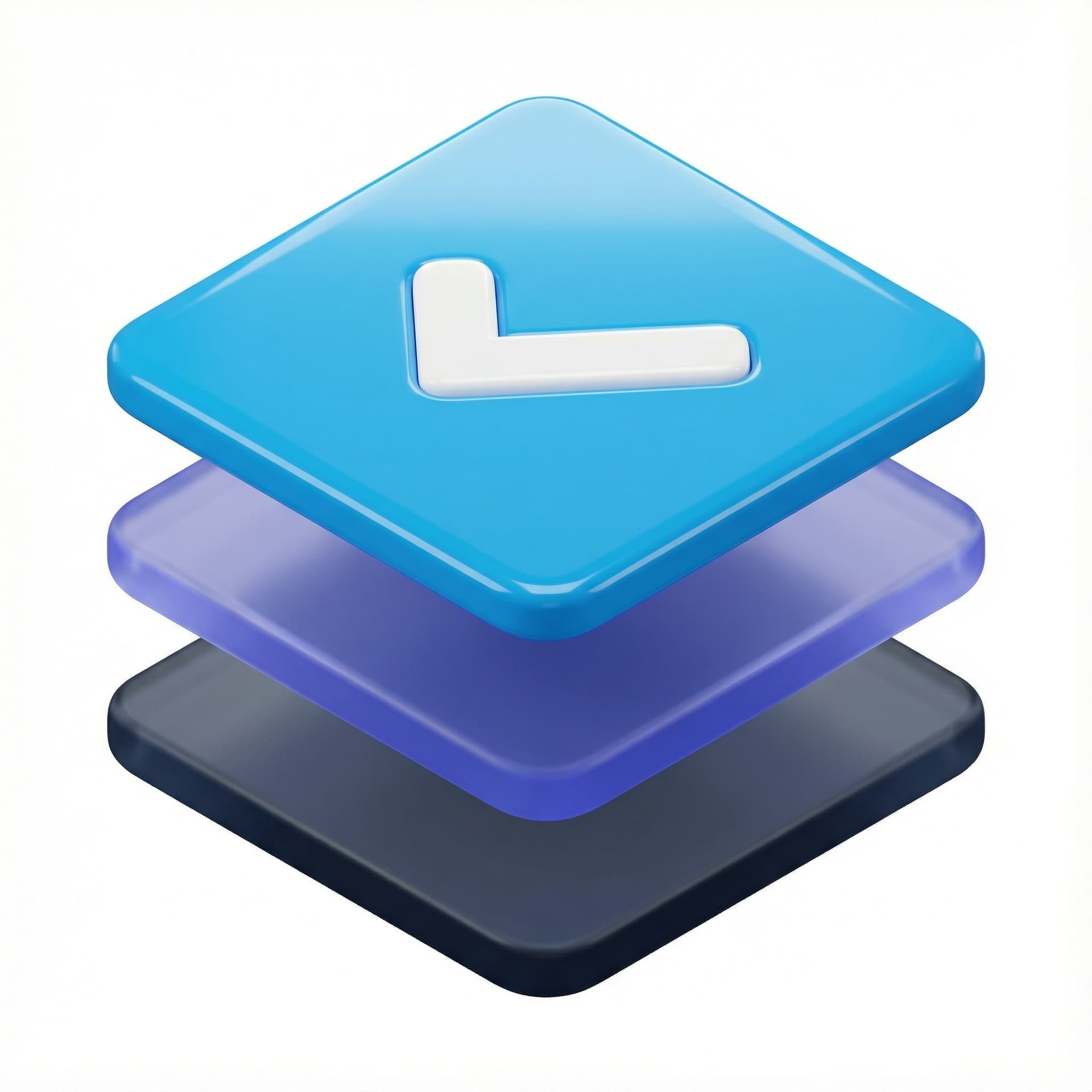 Isometric 3D icon stack of three floating rounded parallelograms. Top layer: glossy Electric Cyan (#0EA5E9) with white embossed checkmark. Middle: Soft Indigo (#6366F1), 50% opacity. Bottom: Dark Slate (#0F172A), 60% opacity. Soft drop shadows between layers creating levitation depth. White background, modern tech vector style, no outlines. (348 karakter)