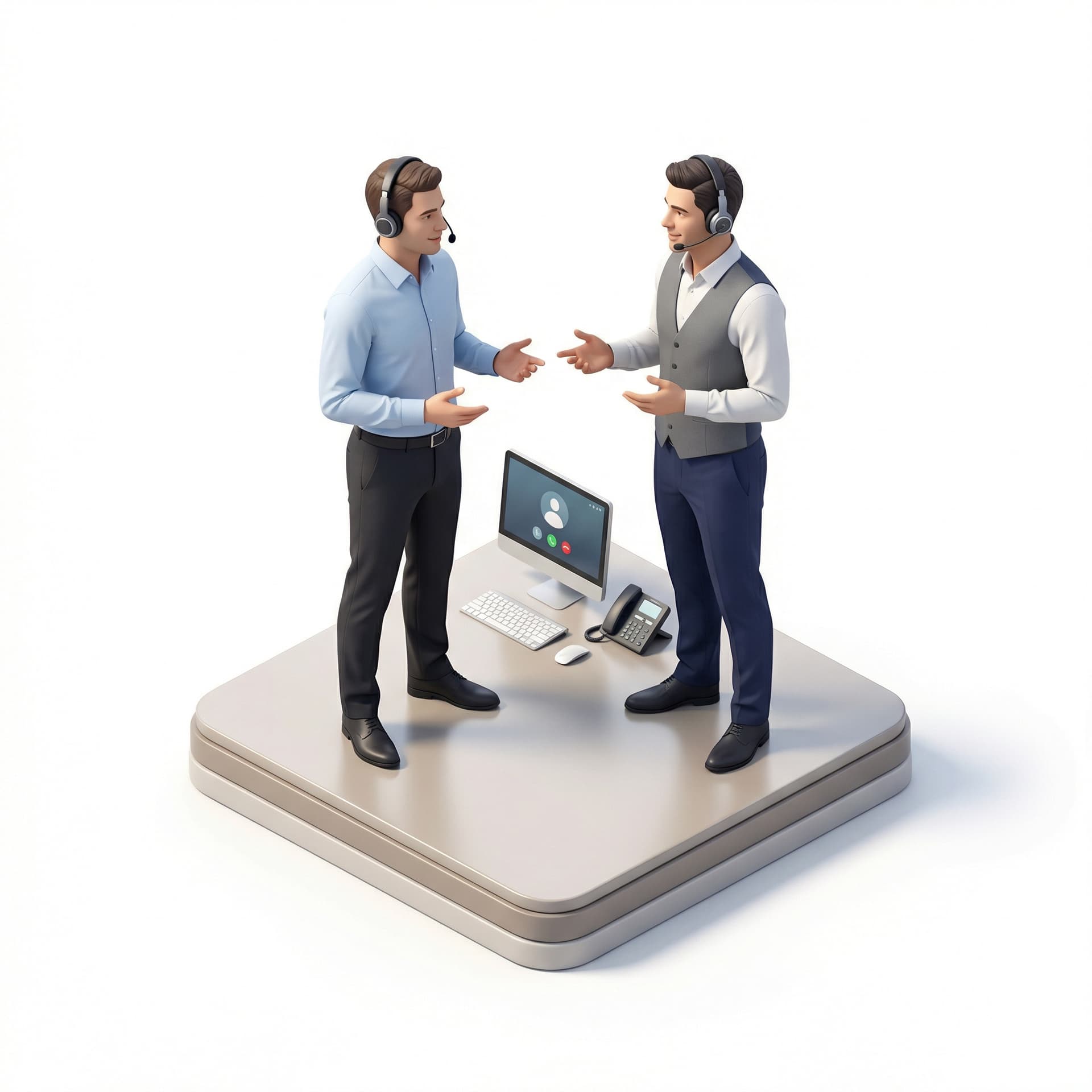 buat 2 laki-laki contact center berbaju kantoran sambil berdiri dan berbicara