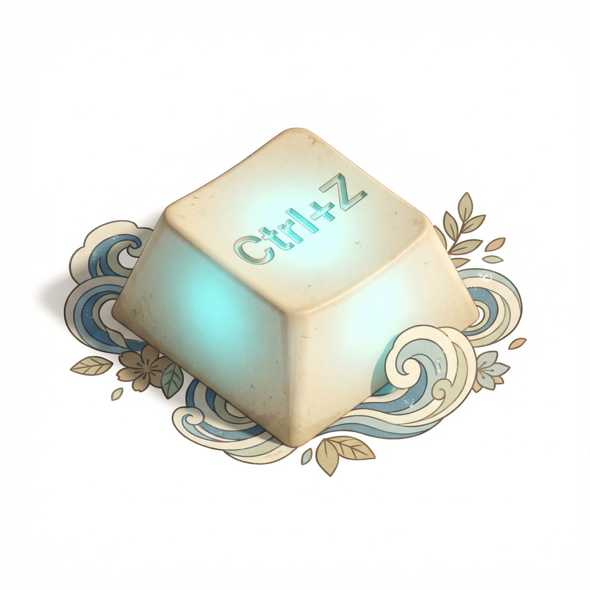 T-shirt graphic design print. A close-up illustration of a vintage mechanical keyboard keycap. The keycap is glowing softly with a calming cyan light and clearly shows the text "Ctrl+Z". Surrounding the keycap are decorative, swirling Japanese wave patterns and small botanical leaf motifs, giving a sense of calm and healing. Lofi chillhop aesthetic, muted colors, textured print. --ar 1:1