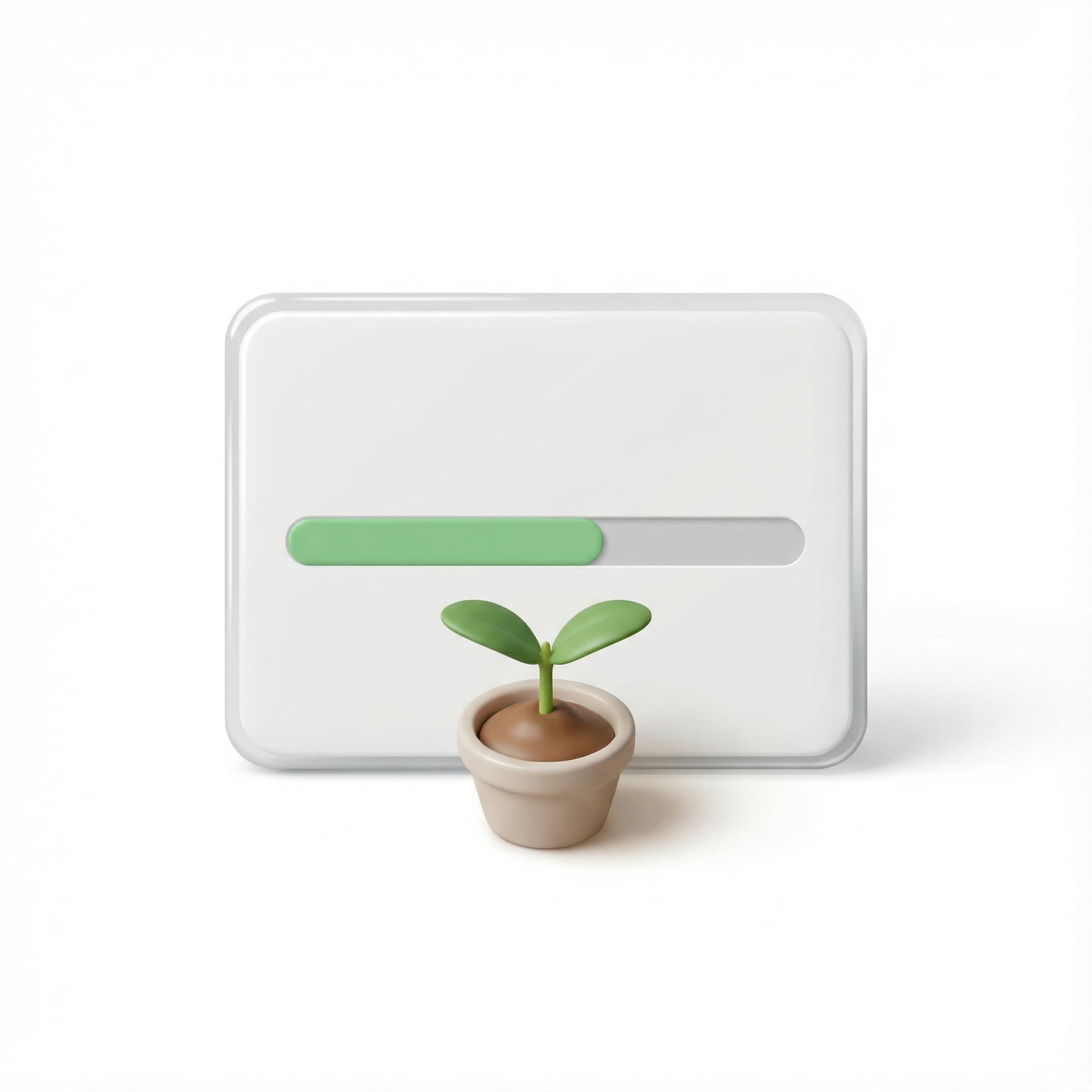 Realistic 3D miniature plant sprout placed in front of a small clean info card showing a simple 60% progress bar. Soft shadows, glossy edges, Airbnb-style minimal realism, clean white background.