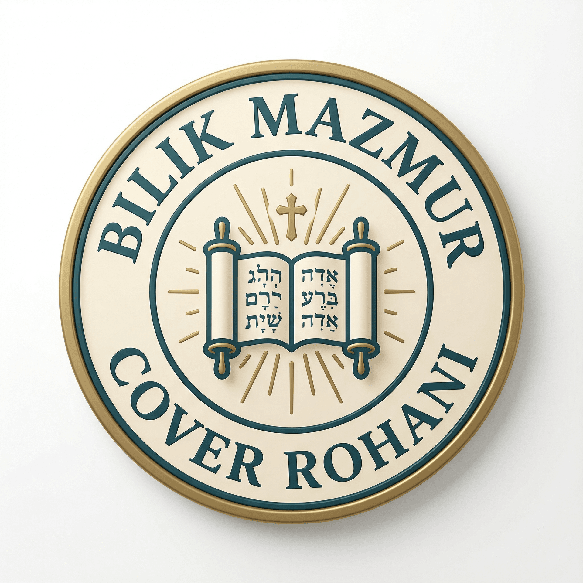 A circular badge logo for "Bilik Mazmur" facing directly forward. In the center circle, there is an icon of an open scroll with Hebrew musical notation and a small cross. Rays of light radiate from the scroll. Around the outer ring, the text "BILIK MAZMUR" is arched at the top, and "COVER ROHANI" is at the bottom. The style is a classic emblem, centered and upright. Deep teal, antique gold, and cream colors. Not tilted, not lying down. --ar 1:1