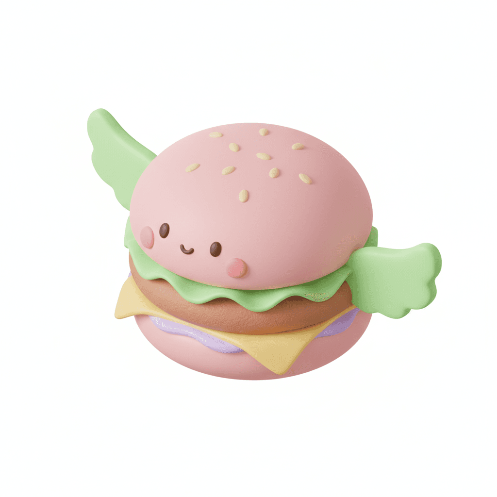 isometric pastel kawaii burger icon with lettuce wings
