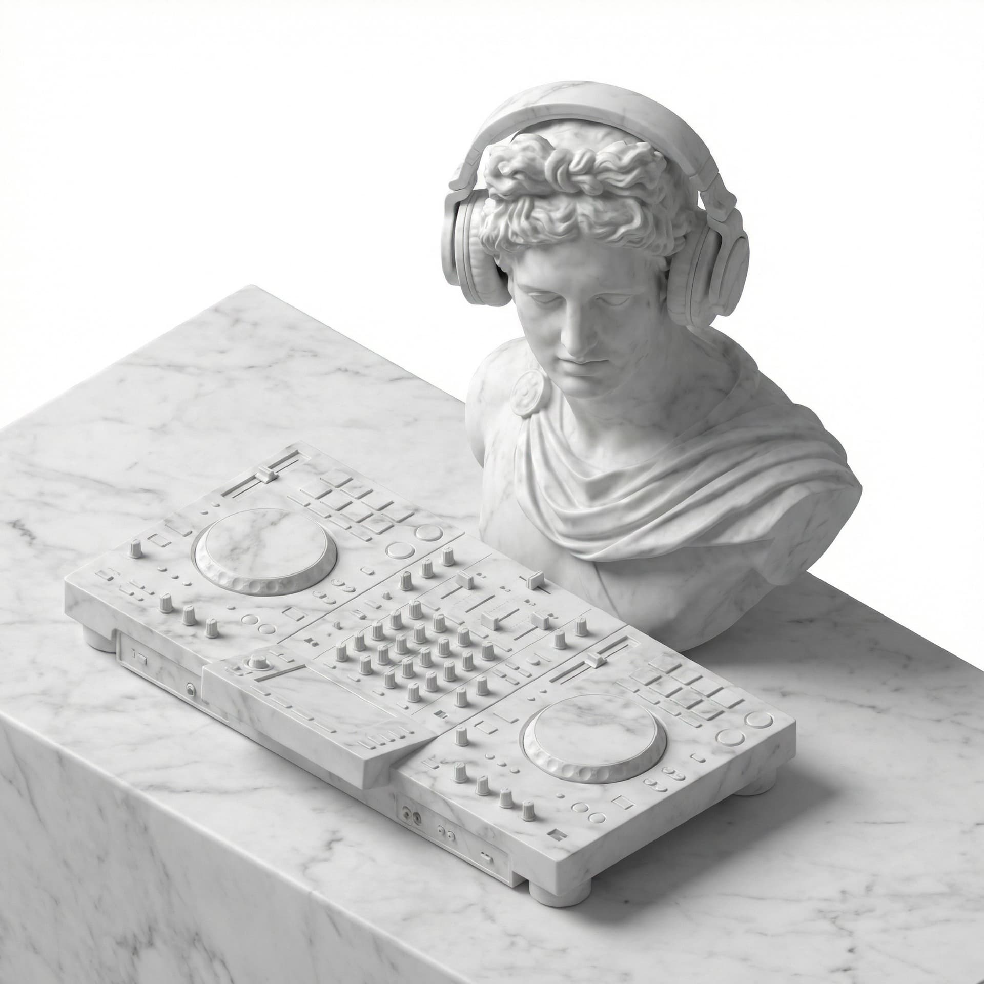 Ancient statue wearing headphones, playing DJ controller, marble texture