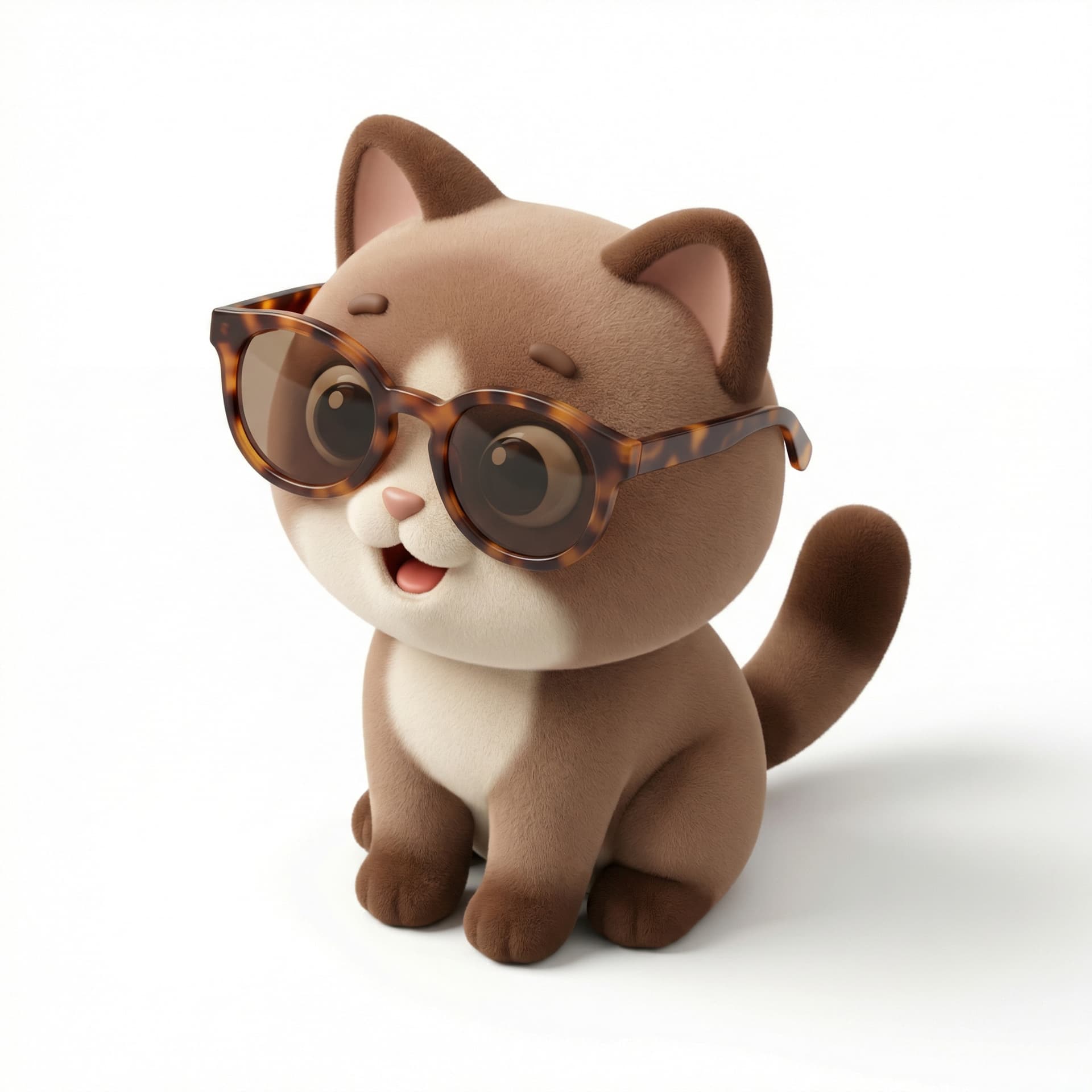 a cute 3D cartoon-style cat sitting upright, wearing tortoiseshell sunglasses, with soft brown and cream fur, big round glossy eyes, and a cheerful expression, studio lighting, white background, high detail, toy-like aesthetic, smooth matte texture, Pixar-inspired style